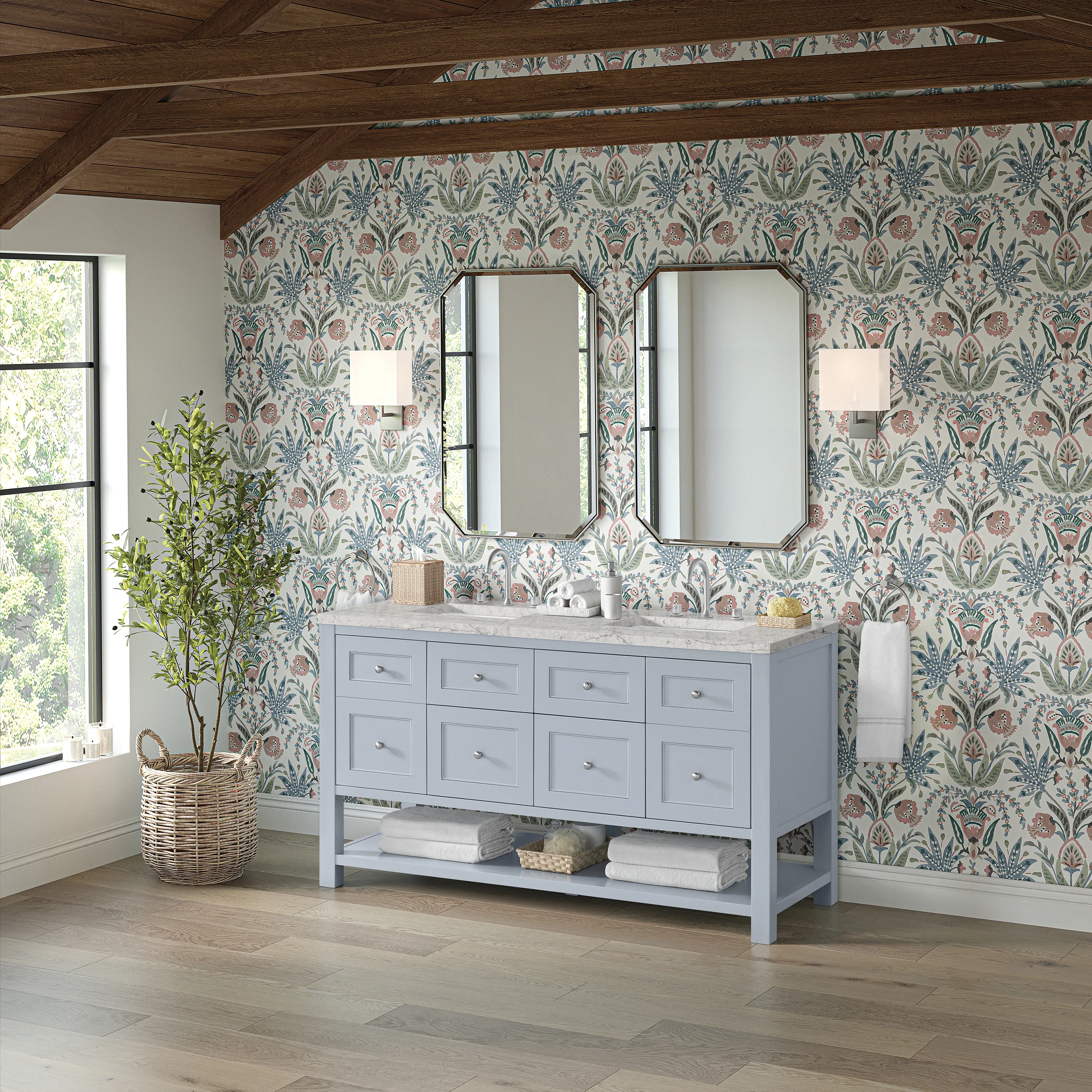 Breckenridge 60" Double Vanity, Serenity Blue, w/ 3 CM Eternal Jasmine Pearl Quartz Top w/FreePower Wireless Charger