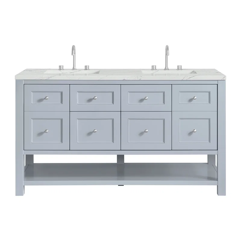 Breckenridge 60" Double Vanity, Serenity Blue, w/ 3 CM Ethereal Noctis Quartz Top w/FreePower Wireless Charger