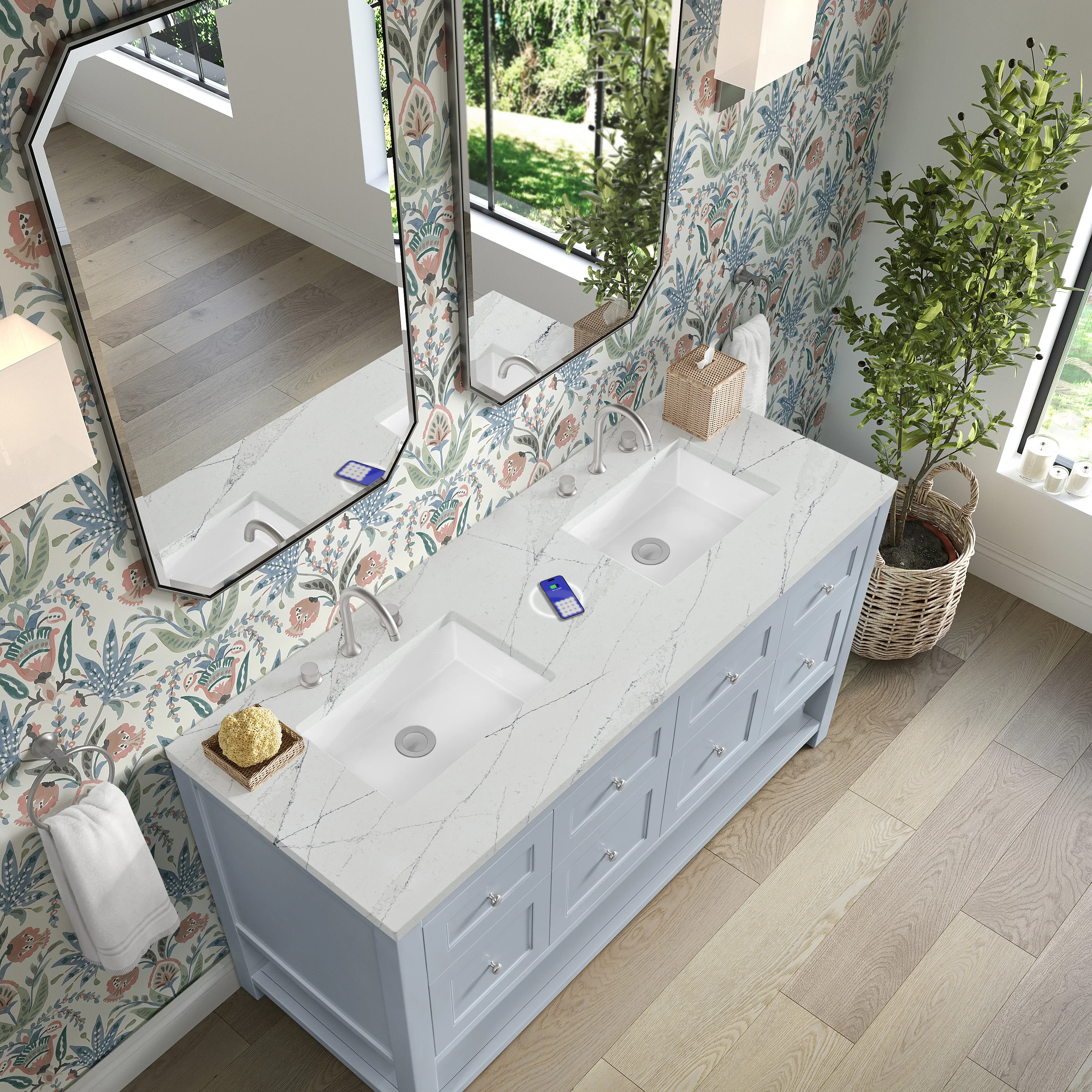 Breckenridge 60" Double Vanity, Serenity Blue, w/ 3 CM Ethereal Noctis Quartz Top w/FreePower Wireless Charger