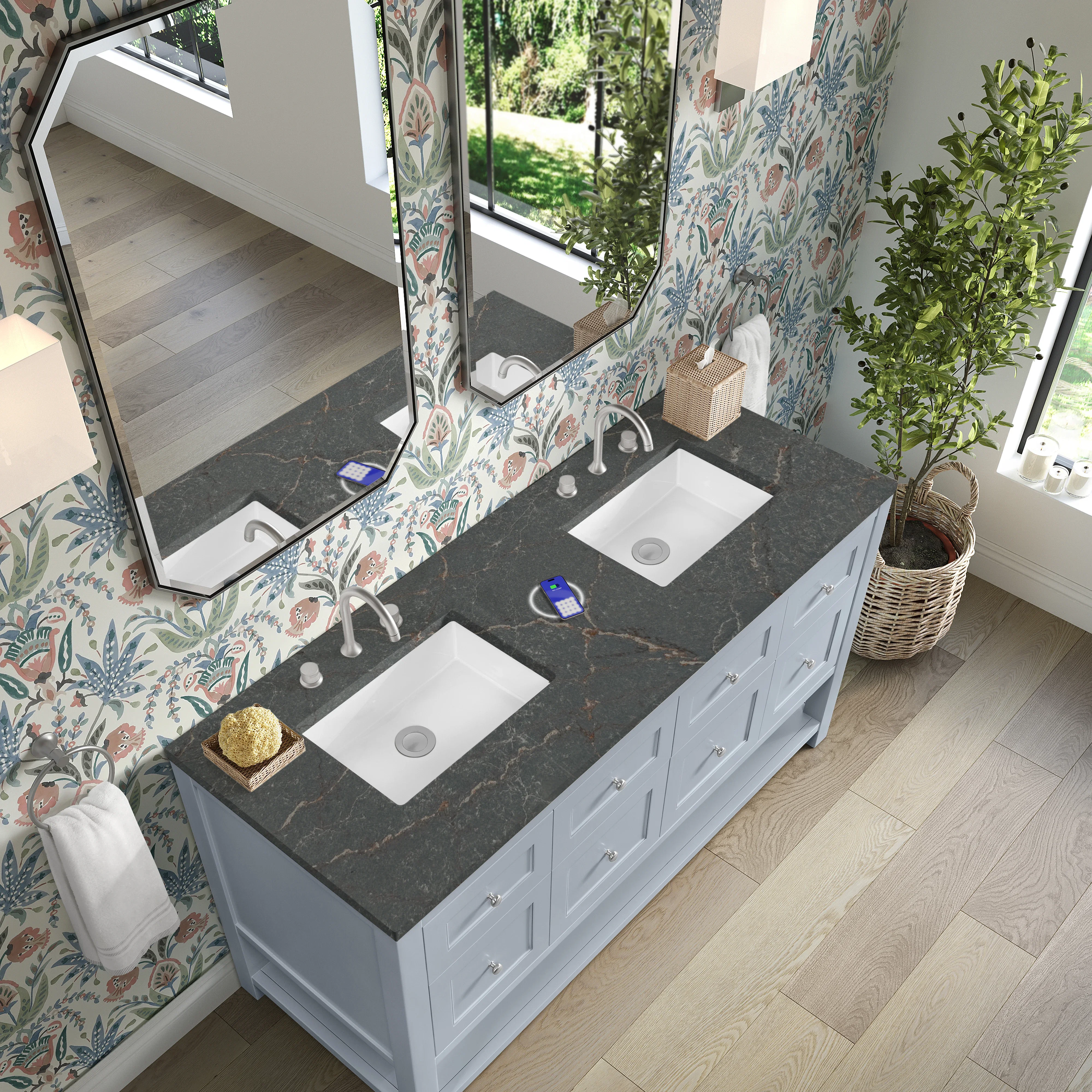 Breckenridge 60" Double Vanity, Serenity Blue w/ 3 CM Parisien Bleu Top w/FreePower Wireless Charger