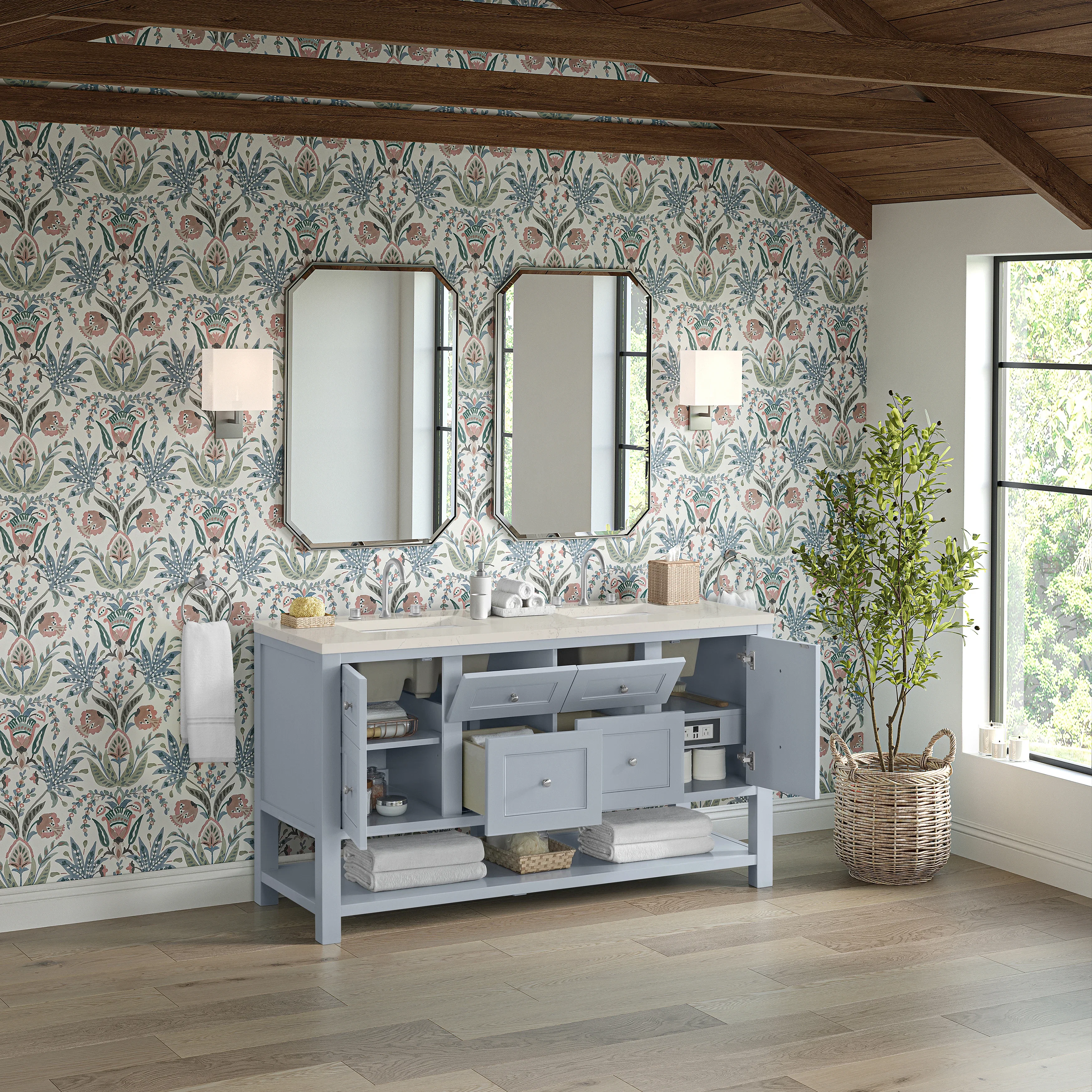 Breckenridge 60" Double Vanity, Serenity Blue, w/ 3 CM Siberian Silestone Top w/FreePower Wireless Charger