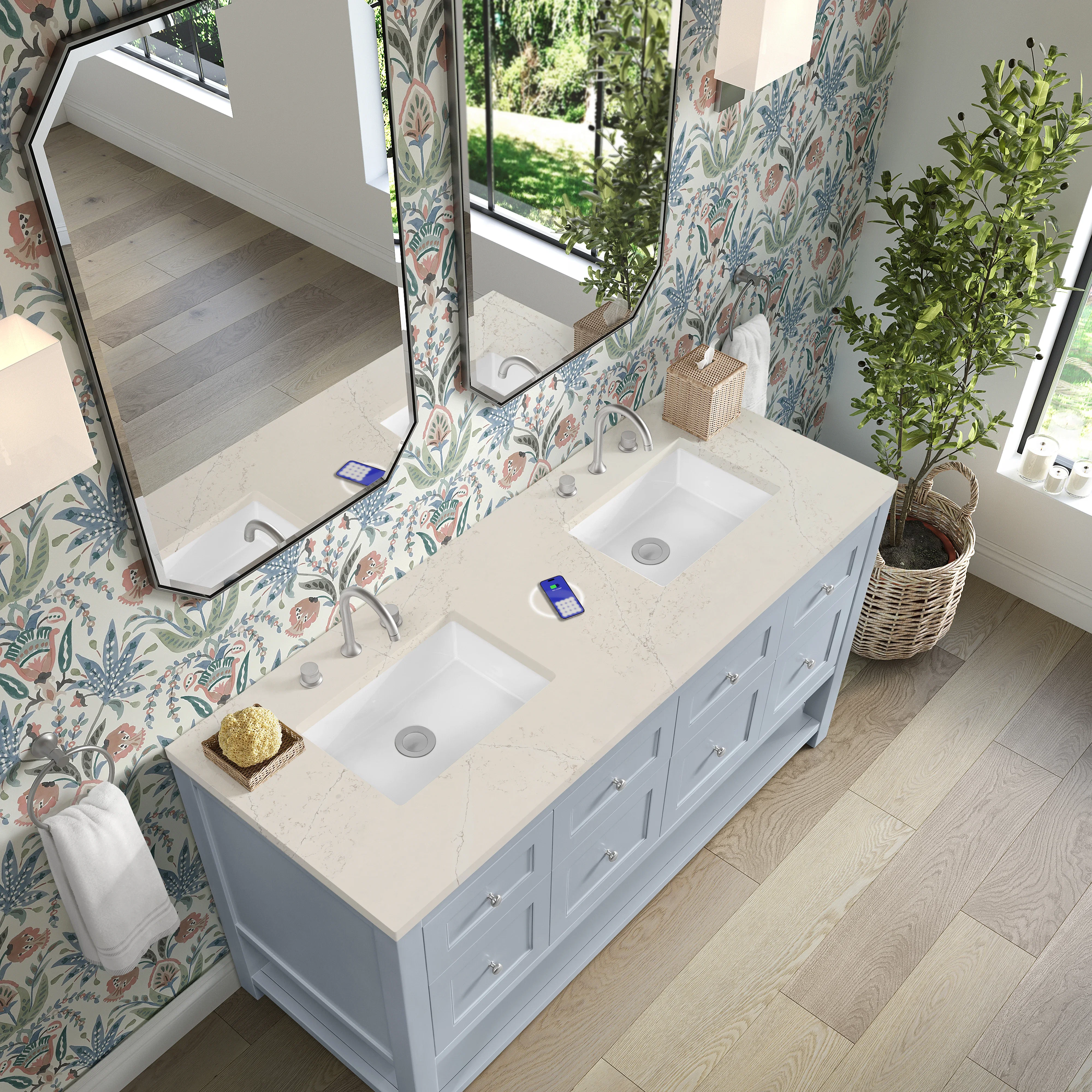 Breckenridge 60" Double Vanity, Serenity Blue, w/ 3 CM Siberian Silestone Top w/FreePower Wireless Charger