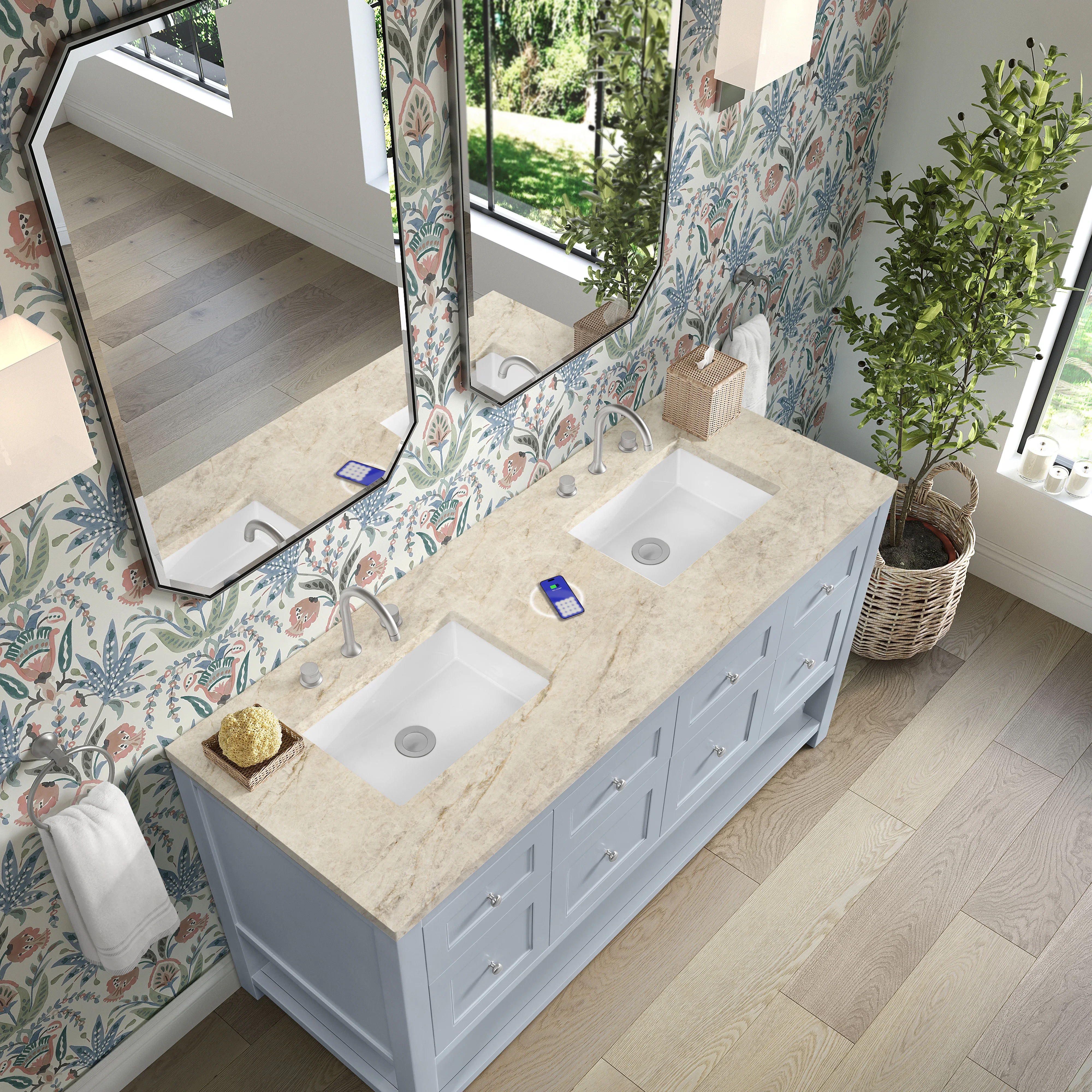Breckenridge 60" Double Vanity, Serenity Blue, w/ 3 CM Tajnar Eclos Top w/FreePower Wireless Charger