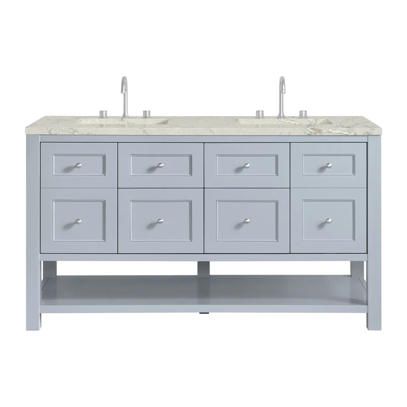 Breckenridge 60" Double Vanity, Serenity Blue, w/ 3 CM Victorian Silver Quartz Top w/FreePower Wireless Charger