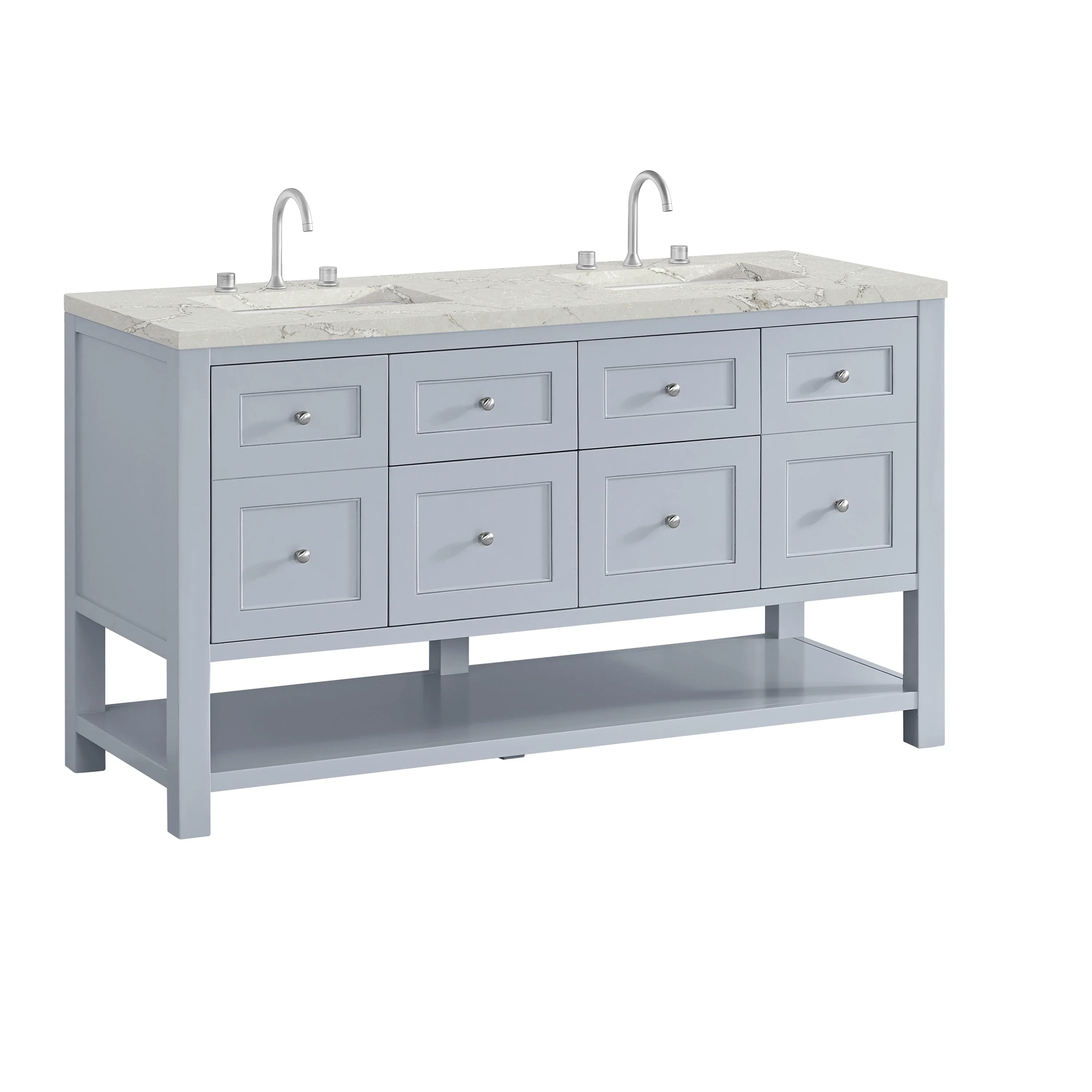 Breckenridge 60" Double Vanity, Serenity Blue, w/ 3 CM Victorian Silver Quartz Top w/FreePower Wireless Charger