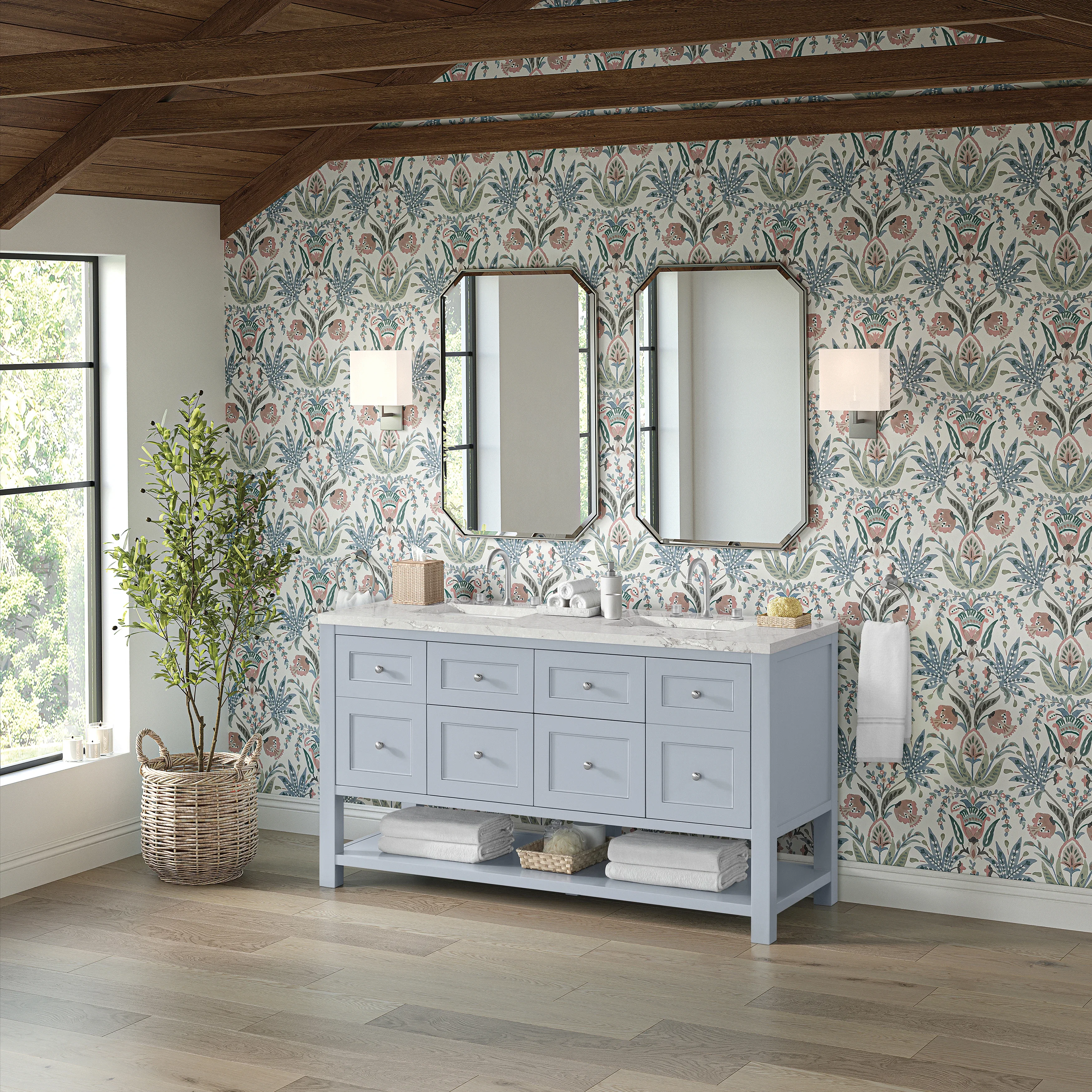 Breckenridge 60" Double Vanity, Serenity Blue, w/ 3 CM Victorian Silver Quartz Top w/FreePower Wireless Charger