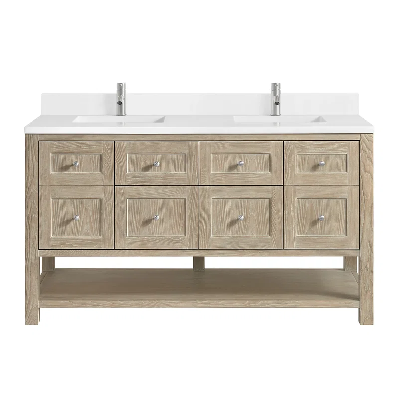 Breckenridge 60" Double Vanity, Whitewashed Oak, w/ Single Hole 3 CM White Zeus Quartz Top & Backsplash
