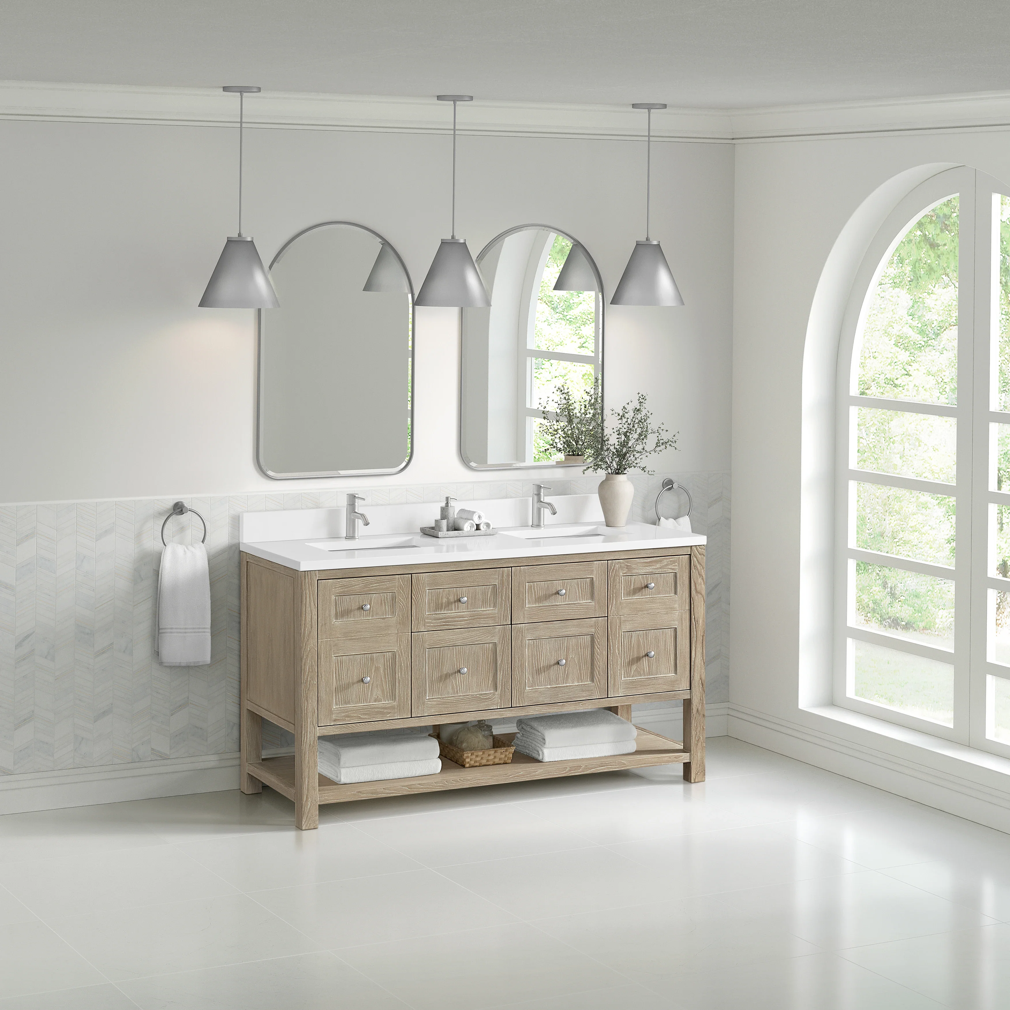 Breckenridge 60" Double Vanity, Whitewashed Oak, w/ Single Hole 3 CM White Zeus Quartz Top & Backsplash