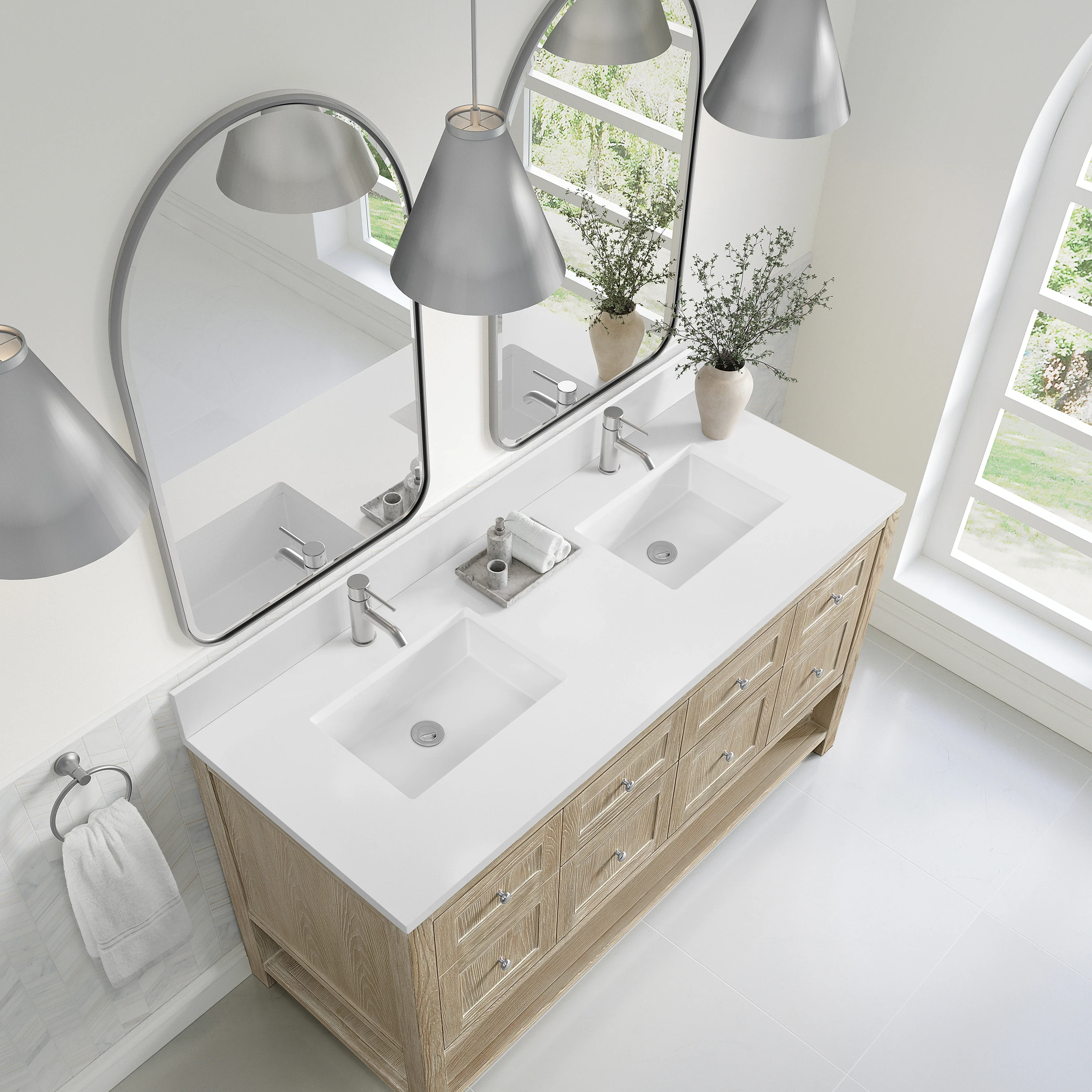 Breckenridge 60" Double Vanity, Whitewashed Oak, w/ Single Hole 3 CM White Zeus Quartz Top & Backsplash