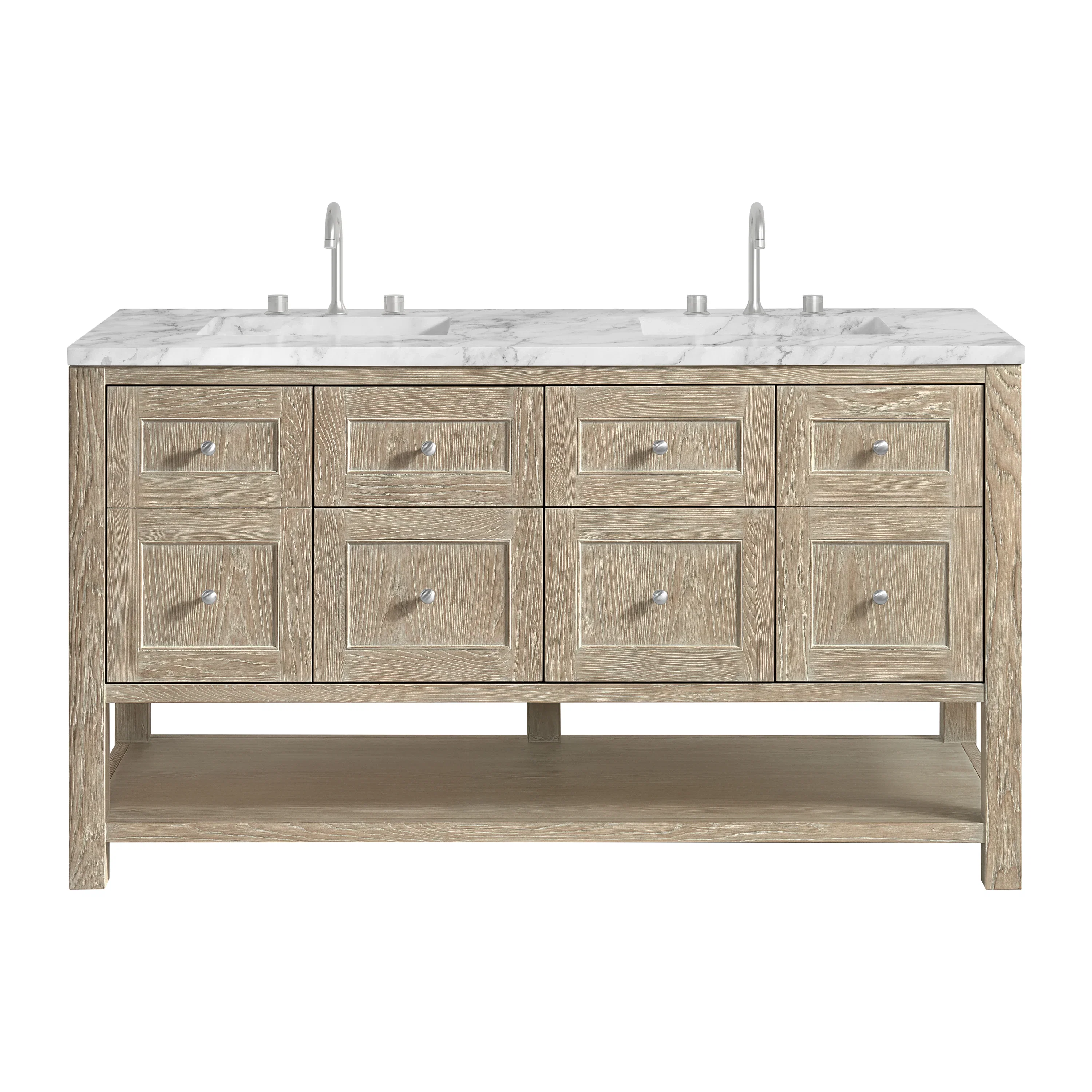 Breckenridge 60" Double Vanity, Whitewashed Oak, w/ 3 CM Carrara Marble Top