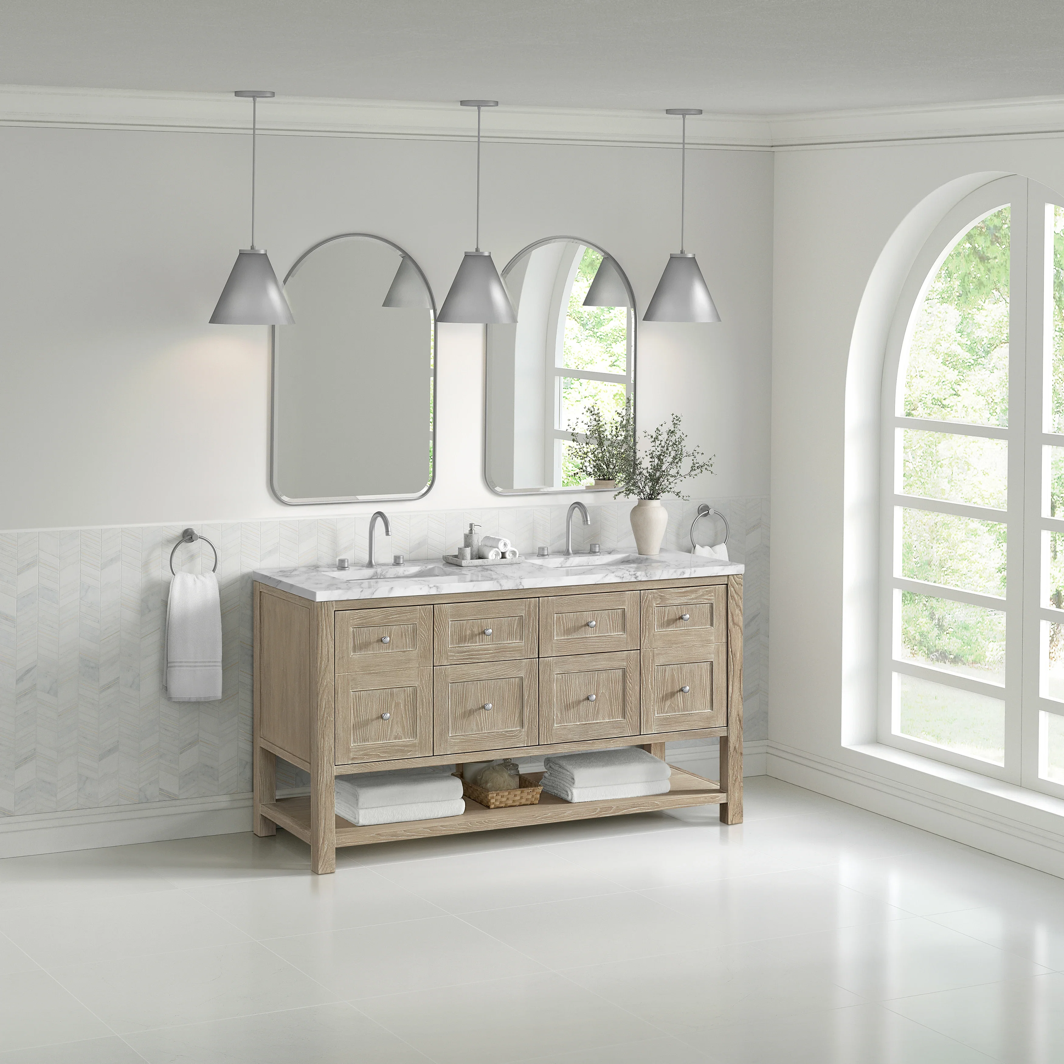 Breckenridge 60" Double Vanity, Whitewashed Oak, w/ 3 CM Carrara Marble Top