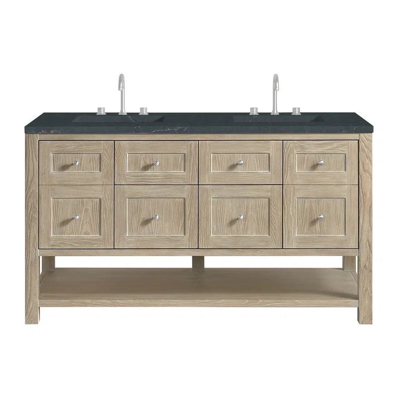 Breckenridge 60" Double Vanity, Whitewashed Oak, w/ 3 CM Charcoal Soapstone Quartz Top