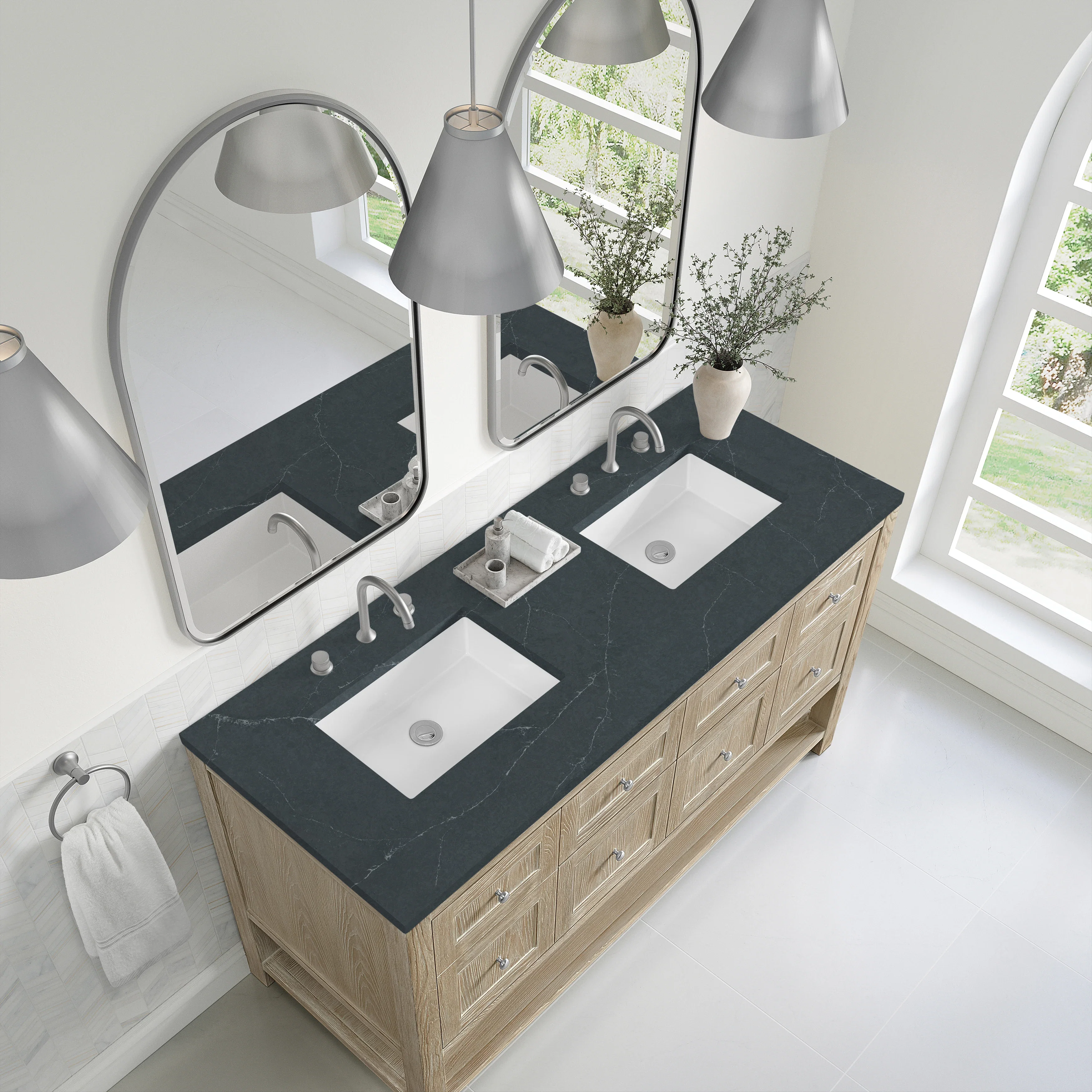 Breckenridge 60" Double Vanity, Whitewashed Oak, w/ 3 CM Charcoal Soapstone Quartz Top