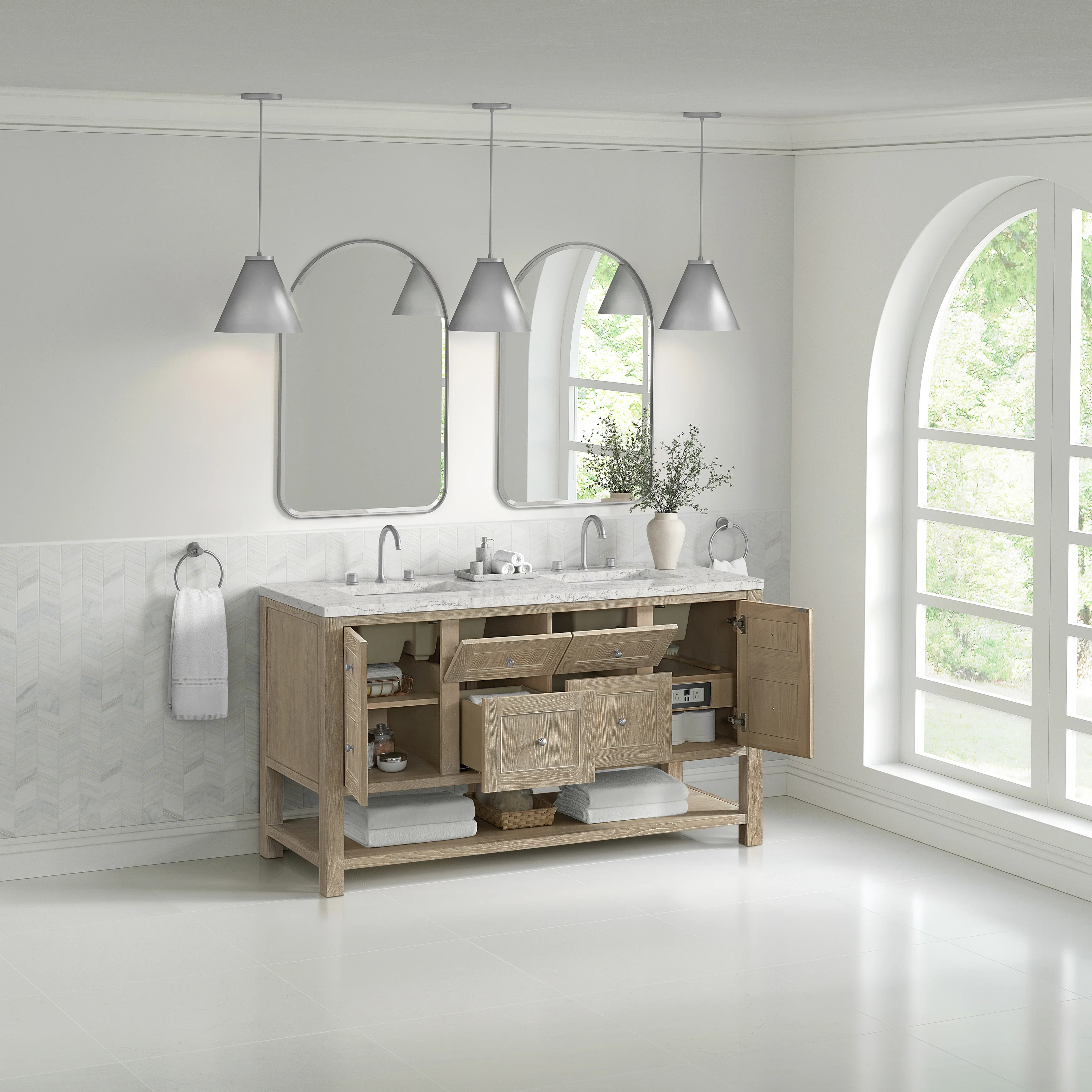 Breckenridge 60" Double Vanity, Whitewashed Oak, w/ 3 CM Eternal Jasmine Pearl Quartz Top