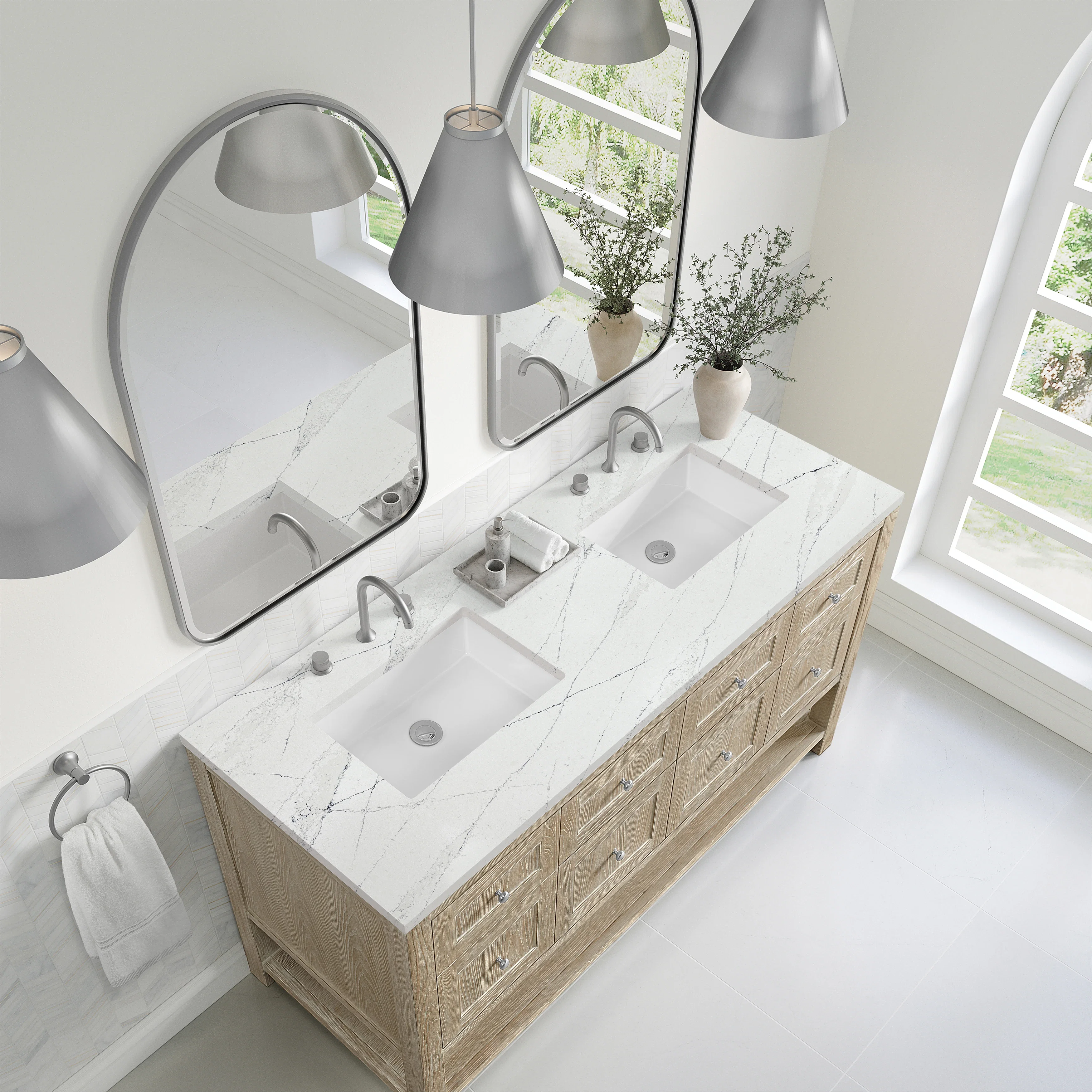 Breckenridge 60" Double Vanity, Whitewashed Oak, w/ 3 CM Ethereal Noctis Quartz Top