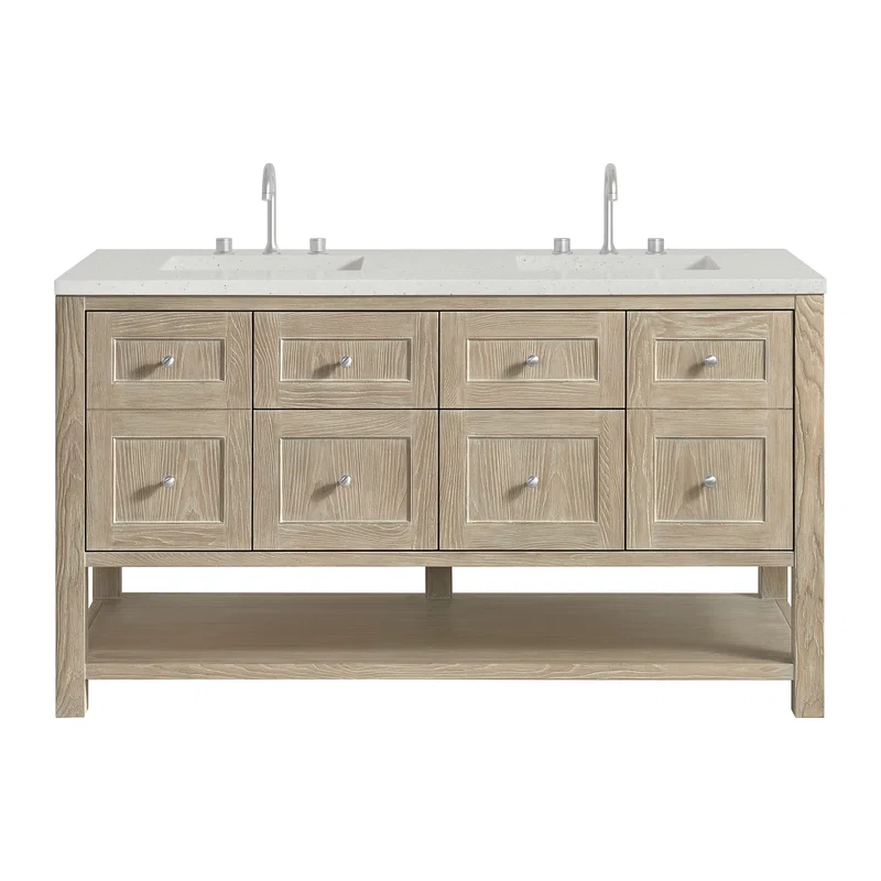 Breckenridge 60" Double Vanity, Whitewashed Oak, w/ 3 CM Lime Delight Quartz Top