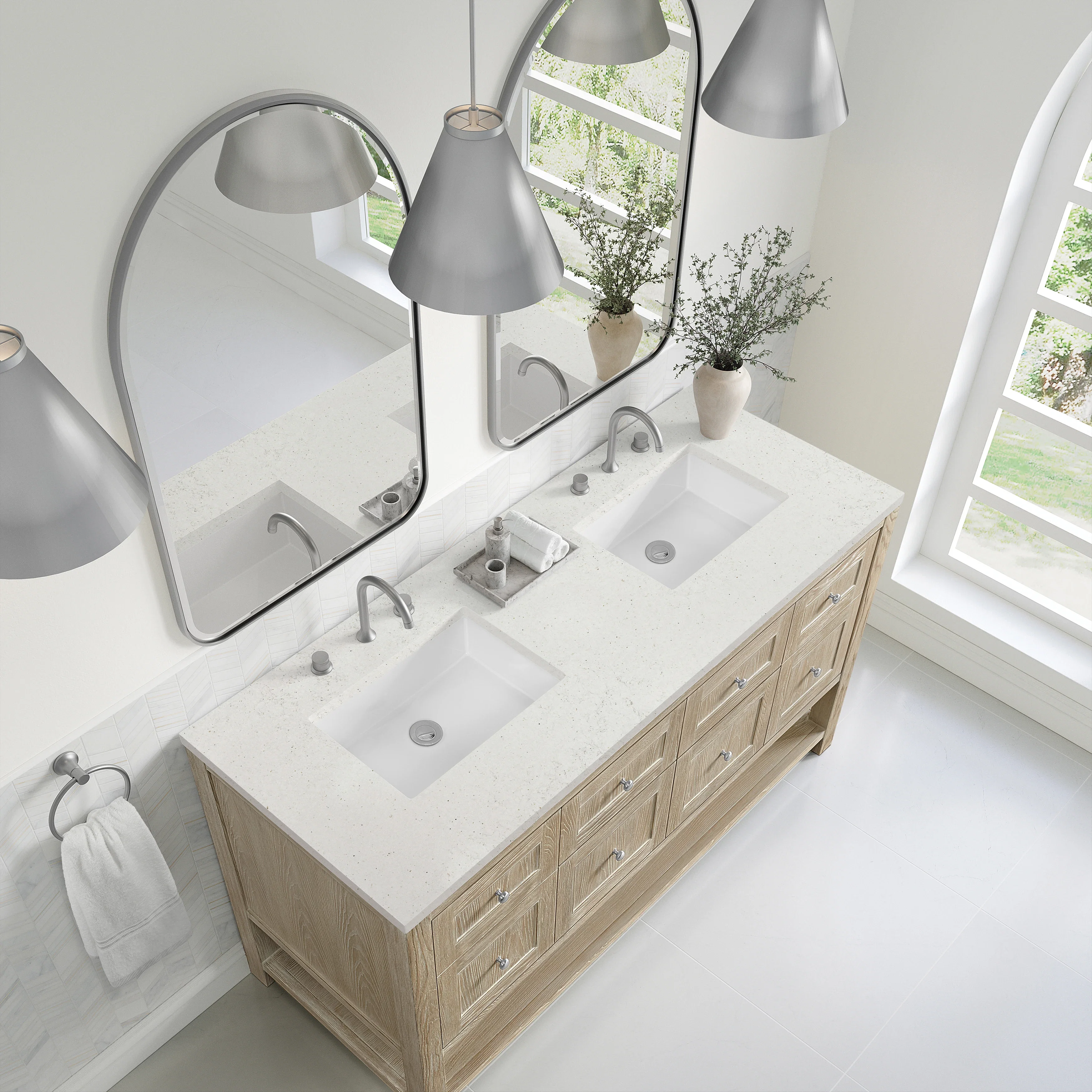 Breckenridge 60" Double Vanity, Whitewashed Oak, w/ 3 CM Lime Delight Quartz Top