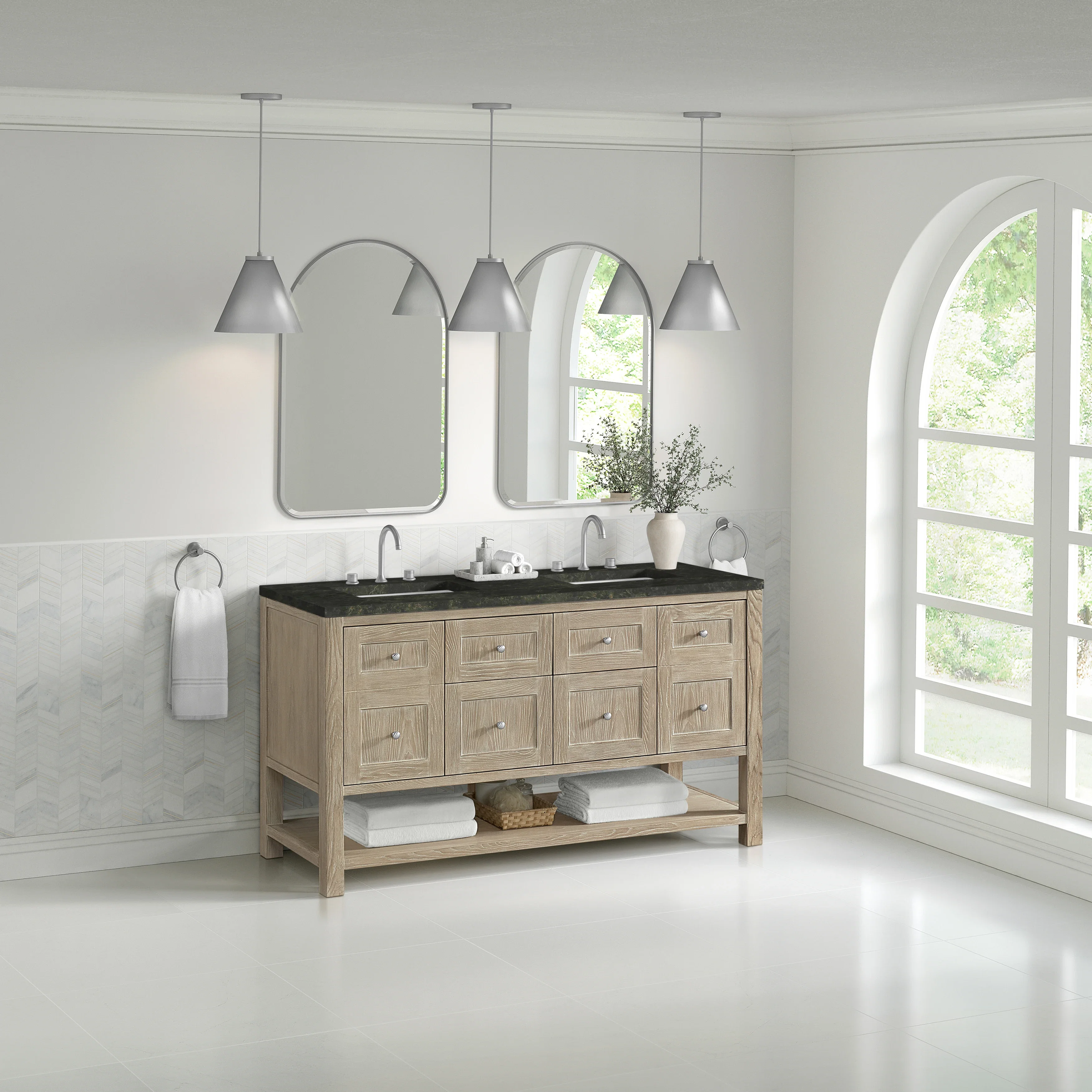 Breckenridge 60" Double Vanity, Whitewashed Oak, w/ 3 CM Phantome Eclos Top