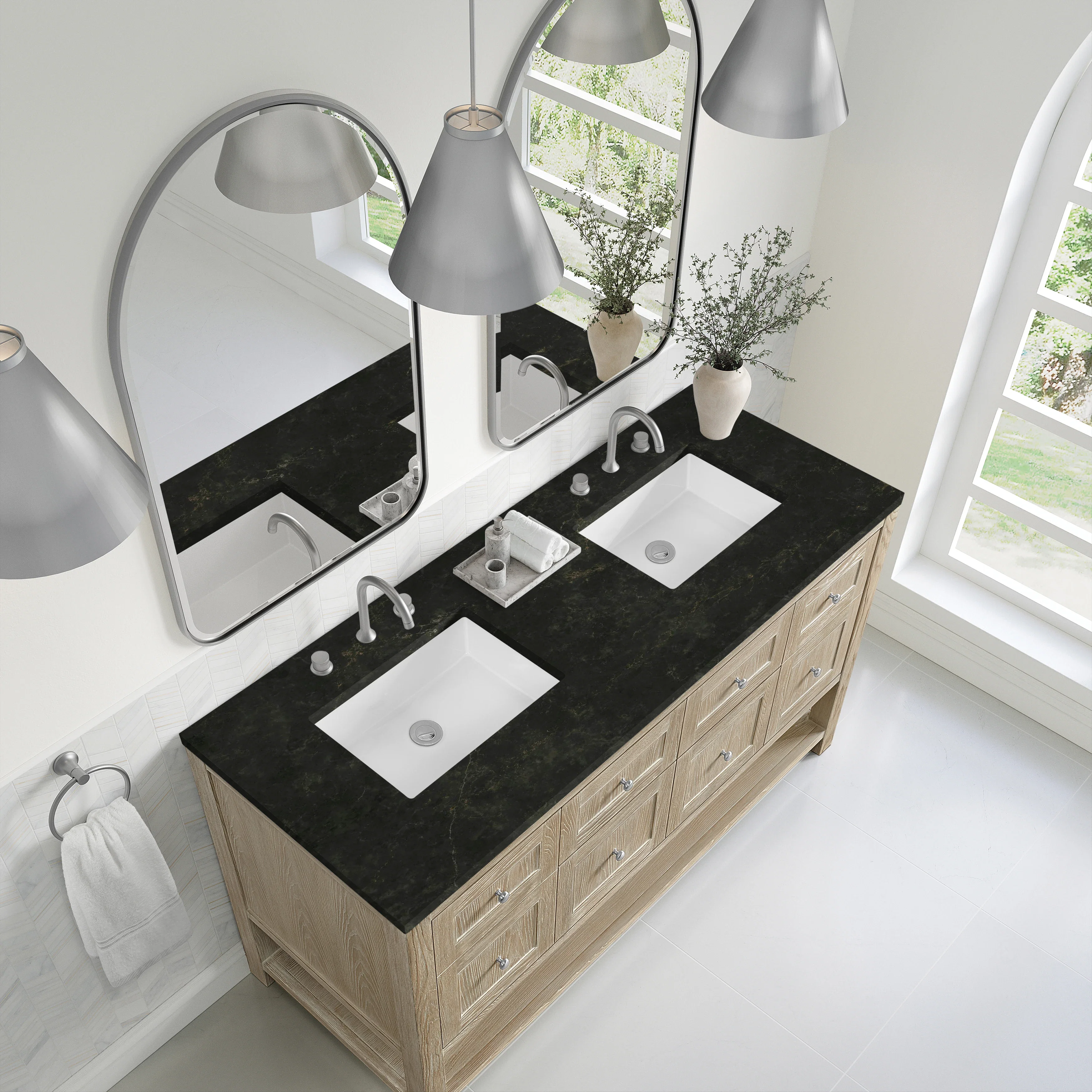 Breckenridge 60" Double Vanity, Whitewashed Oak, w/ 3 CM Phantome Eclos Top