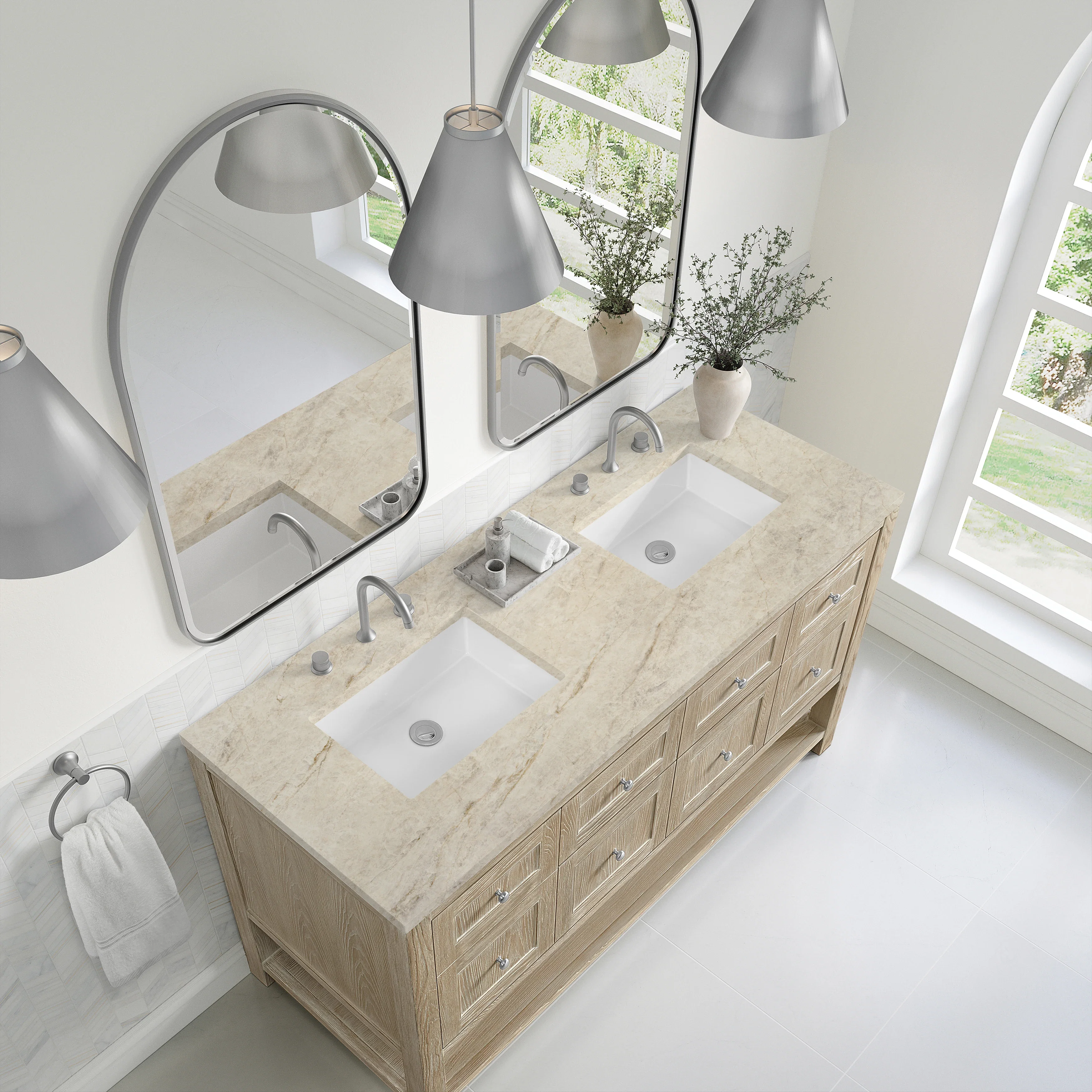 Breckenridge 60" Double Vanity, Whitewashed Oak, w/ 3 CM Tajnar Eclos Top