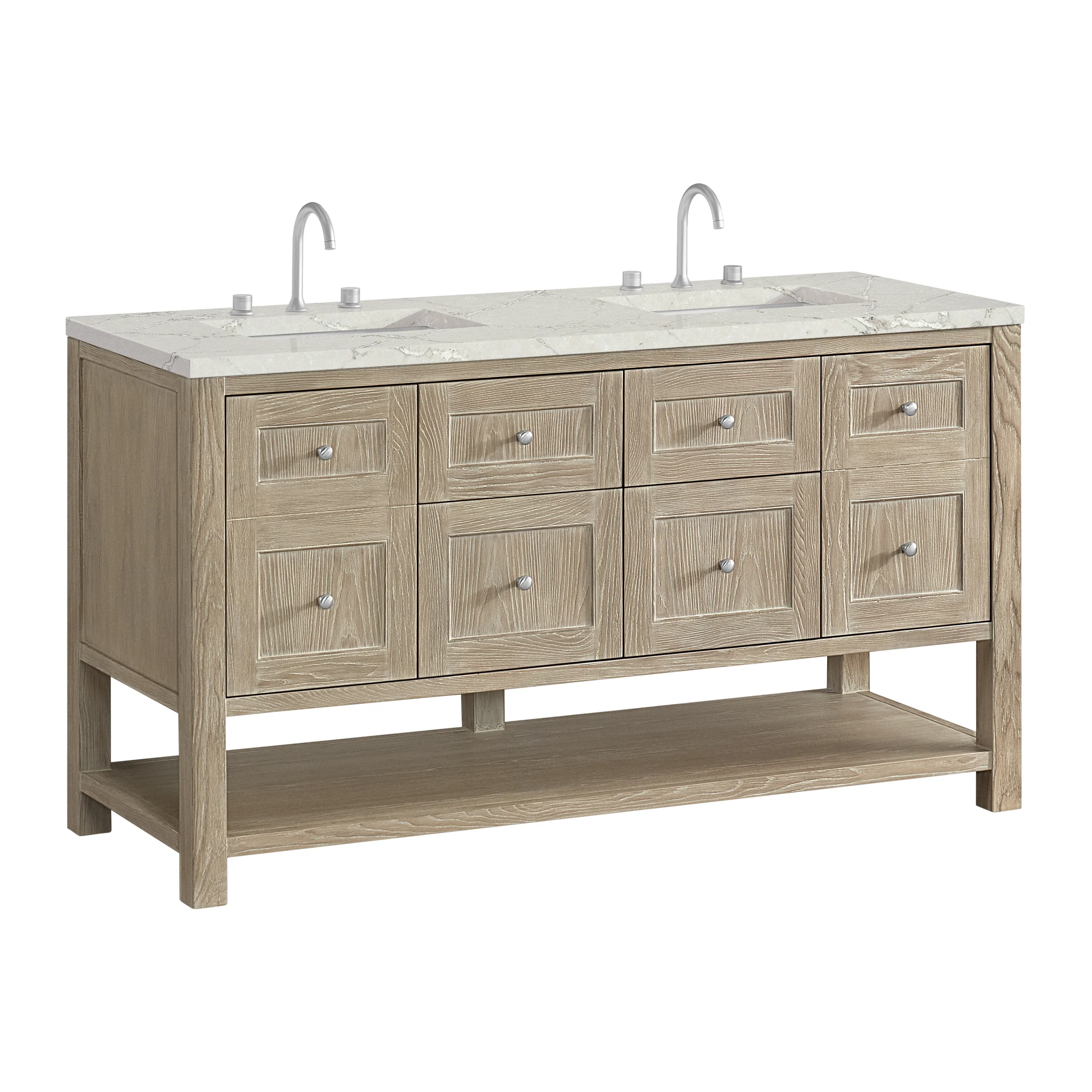 Breckenridge 60" Double Vanity, Whitewashed Oak, w/ 3 CM Victorian Silver Quartz Top