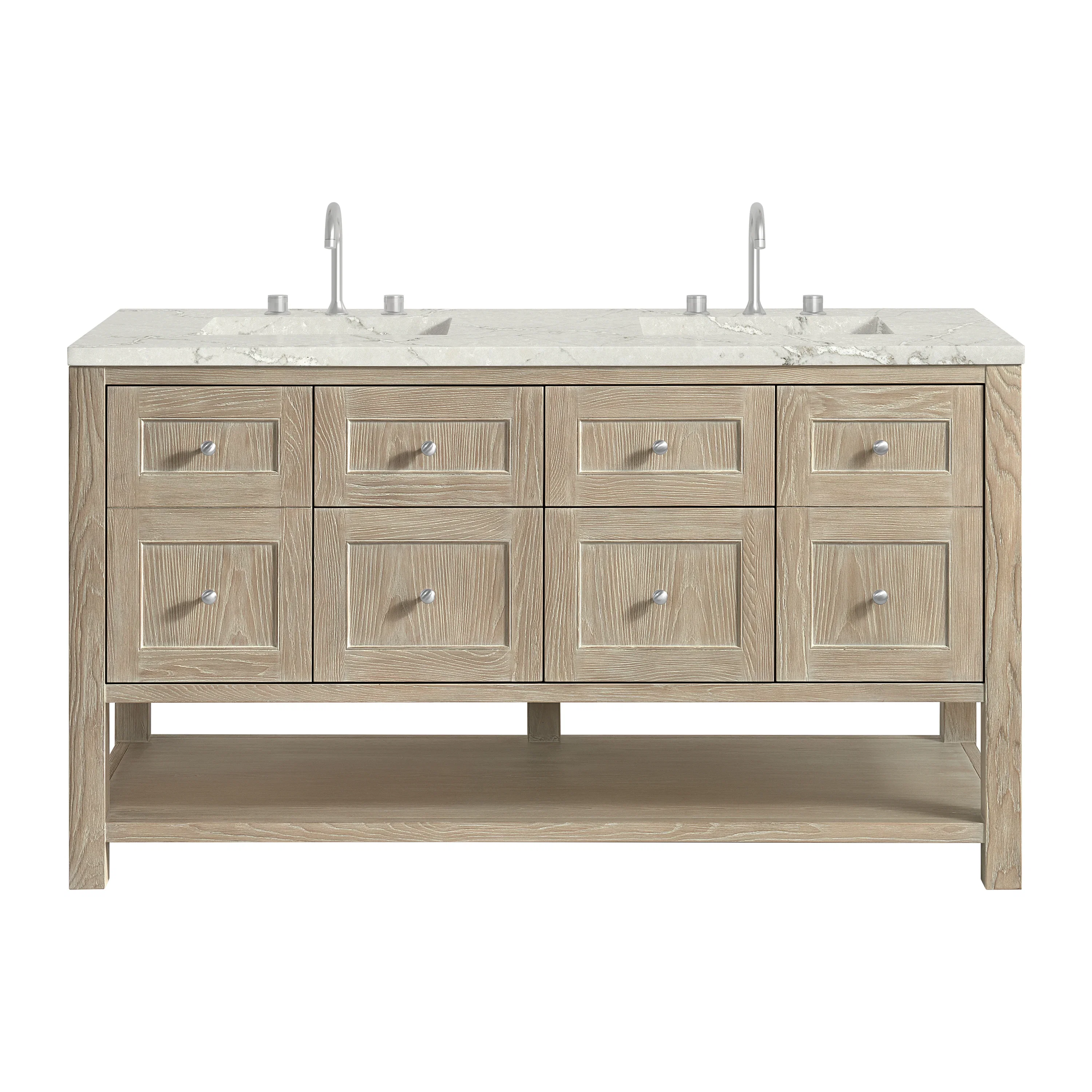 Breckenridge 60" Double Vanity, Whitewashed Oak, w/ 3 CM Victorian Silver Quartz Top