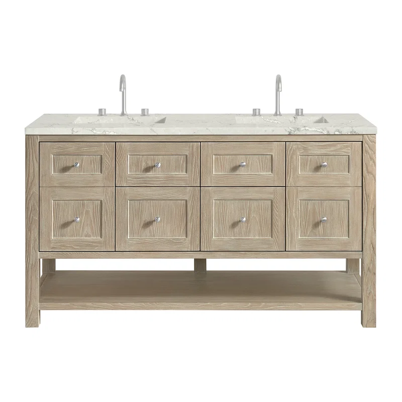 Breckenridge 60" Double Vanity, Whitewashed Oak, w/ 3 CM Victorian Silver Quartz Top