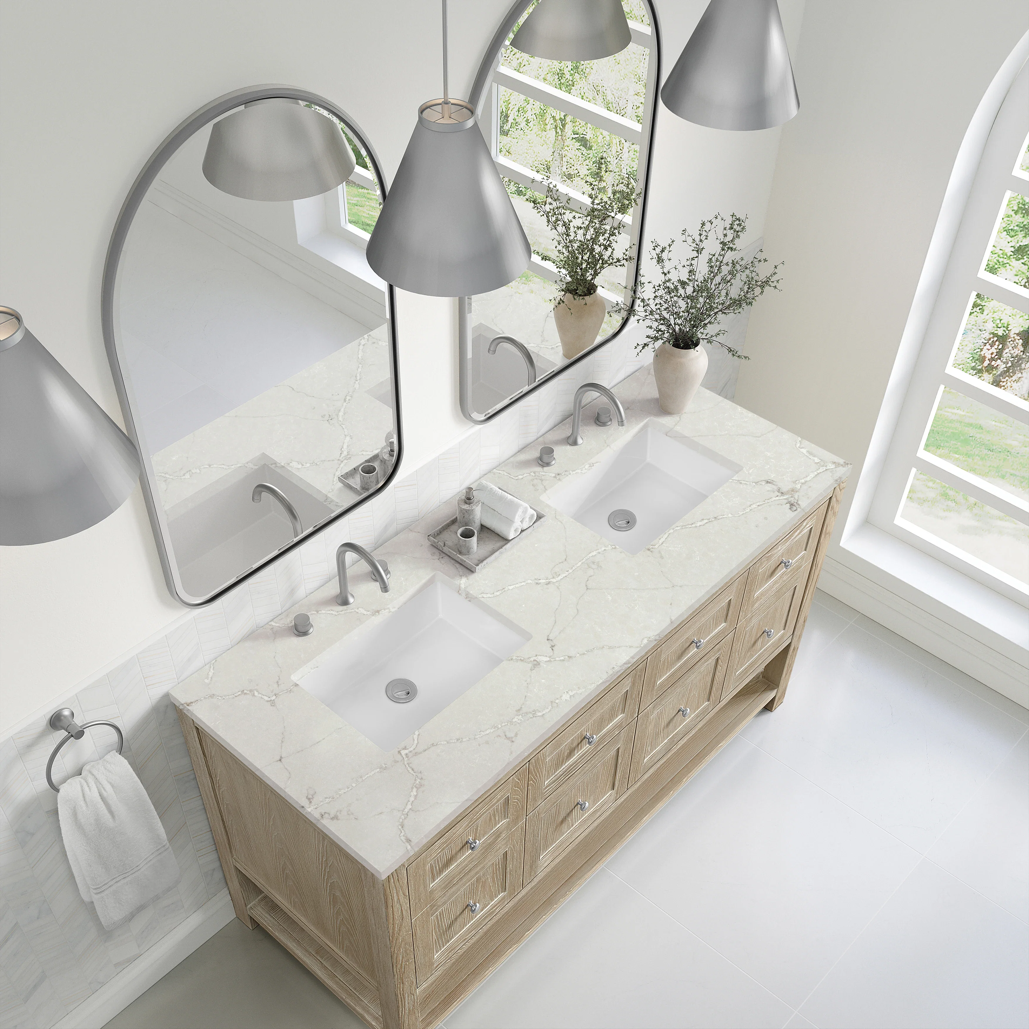 Breckenridge 60" Double Vanity, Whitewashed Oak, w/ 3 CM Victorian Silver Quartz Top