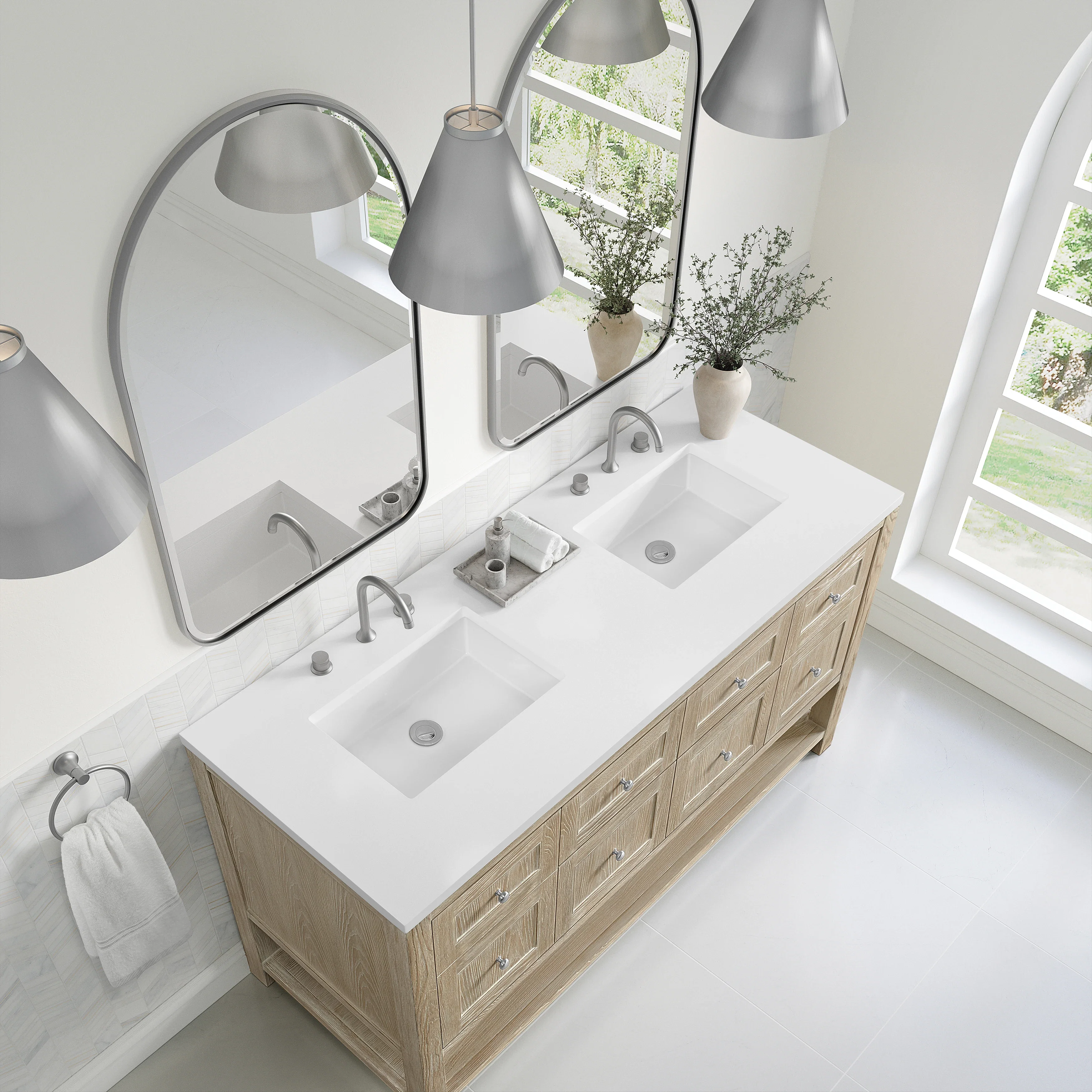 Breckenridge 60" Double Vanity, Whitewashed Oak, w/ 3 CM White Zeus Quartz Top