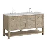 Breckenridge 60" Double Vanity, Whitewashed Oak, w/ 3 CM Eternal Jasmine Pearl Quartz Top w/FreePower Wireless Charger