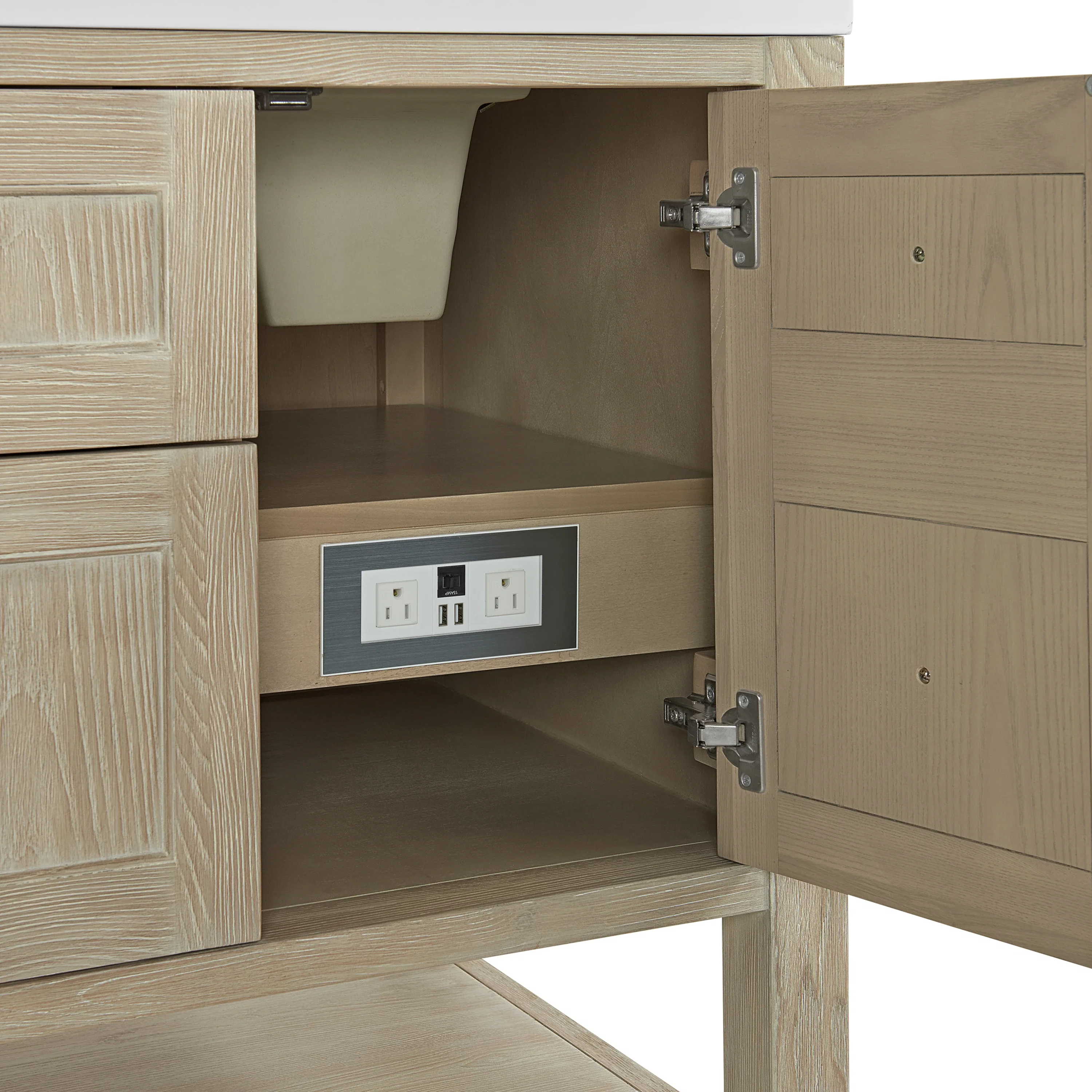 Breckenridge 60" Double Vanity, Whitewashed Oak, w/ 3 CM Eternal Jasmine Pearl Quartz Top w/FreePower Wireless Charger