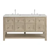 Breckenridge 60" Double Vanity, Whitewashed Oak, w/ 3 CM Eternal Jasmine Pearl Quartz Top w/FreePower Wireless Charger