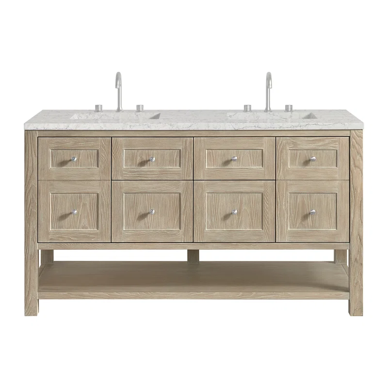 Breckenridge 60" Double Vanity, Whitewashed Oak, w/ 3 CM Eternal Jasmine Pearl Quartz Top w/FreePower Wireless Charger