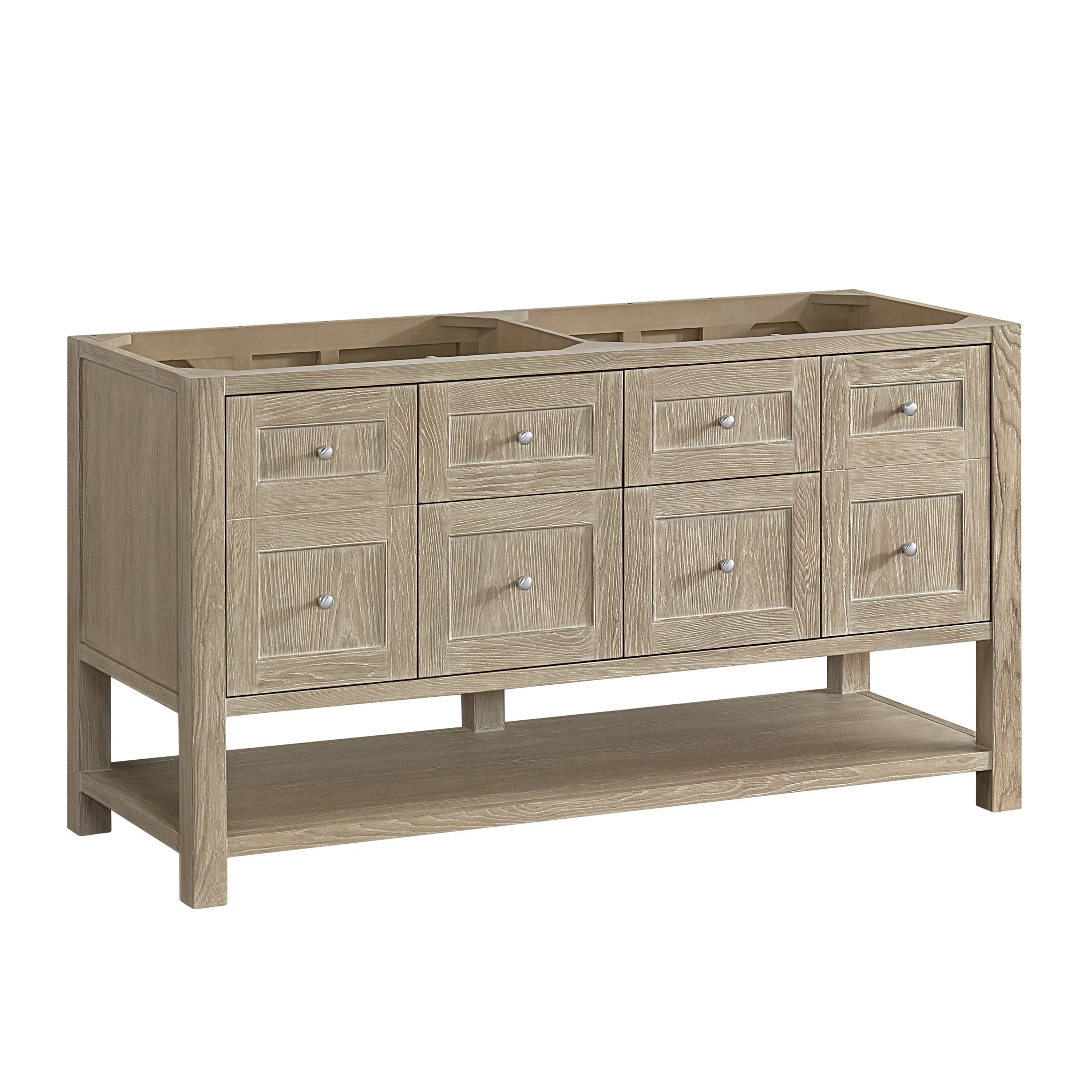 Breckenridge 60" Double Vanity, Whitewashed Oak, w/ 3 CM Eternal Jasmine Pearl Quartz Top w/FreePower Wireless Charger