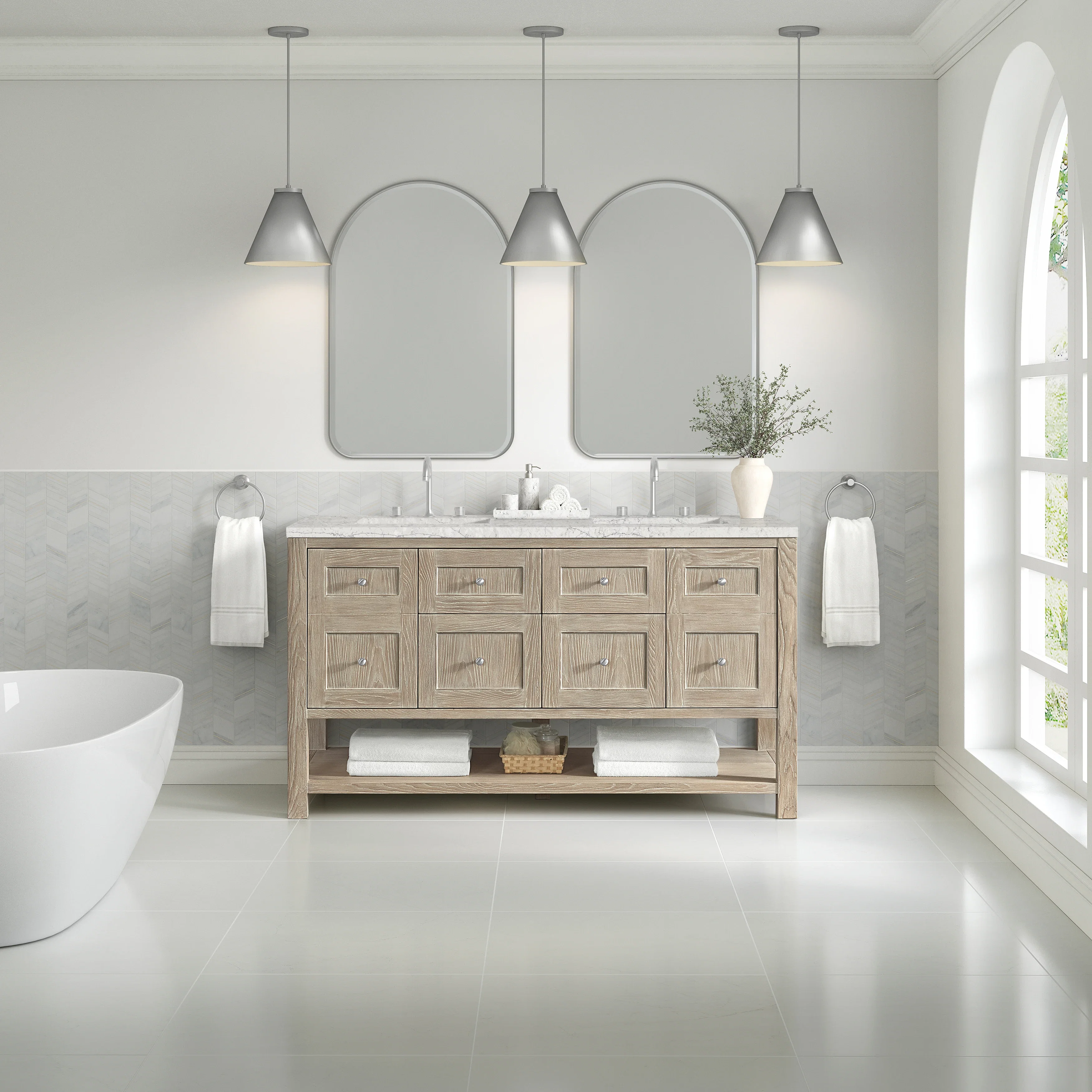 Breckenridge 60" Double Vanity, Whitewashed Oak, w/ 3 CM Eternal Jasmine Pearl Quartz Top w/FreePower Wireless Charger