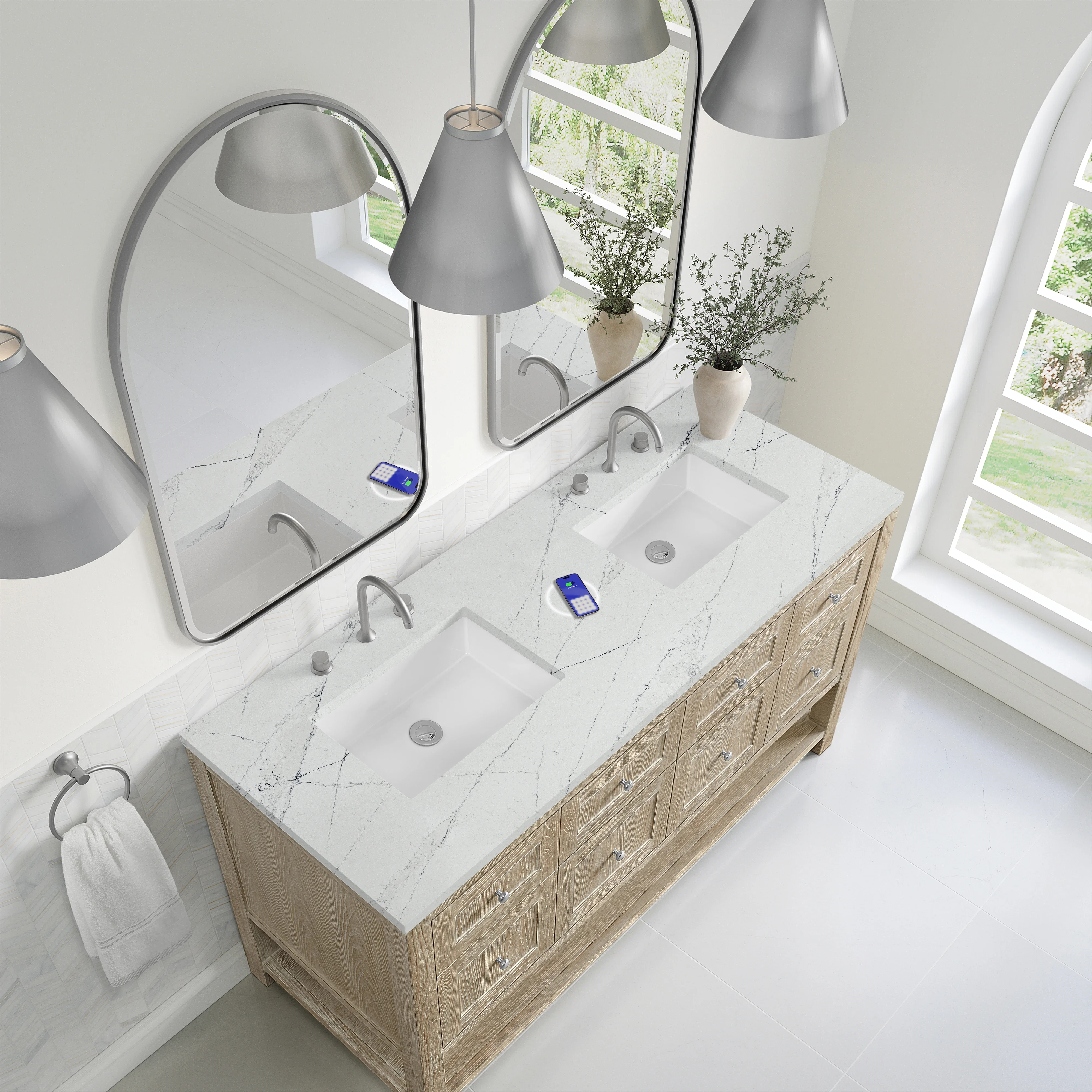 Breckenridge 60" Double Vanity, Whitewashed Oak, w/ 3 CM Ethereal Noctis Quartz Top w/FreePower Wireless Charger