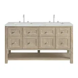 Breckenridge 60" Double Vanity, Whitewashed Oak, w/ 3 CM Ethereal Noctis Quartz Top w/FreePower Wireless Charger