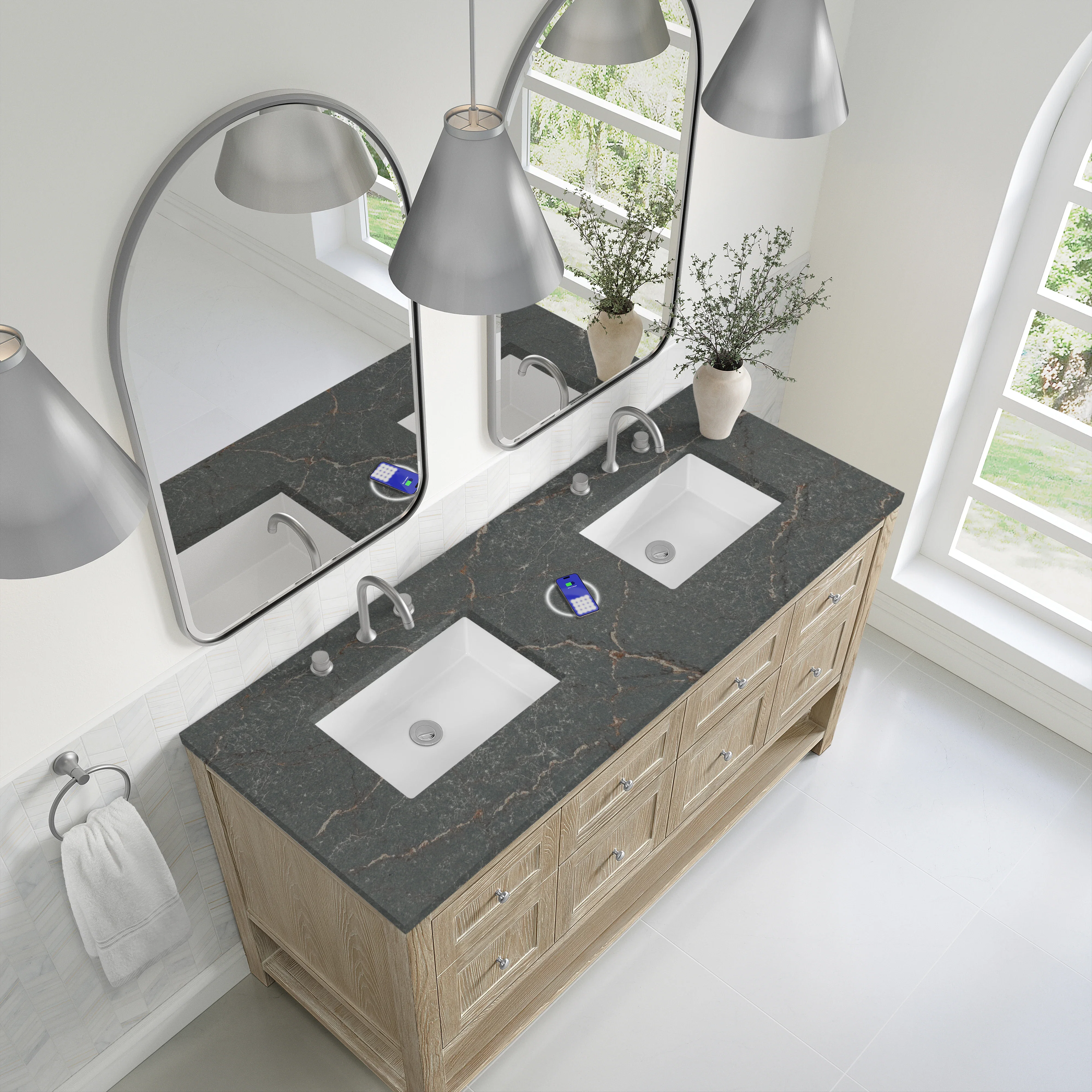 Breckenridge 60" Double Vanity, Whitewashed Oak w/ 3 CM Parisien Bleu Top w/FreePower Wireless Charger