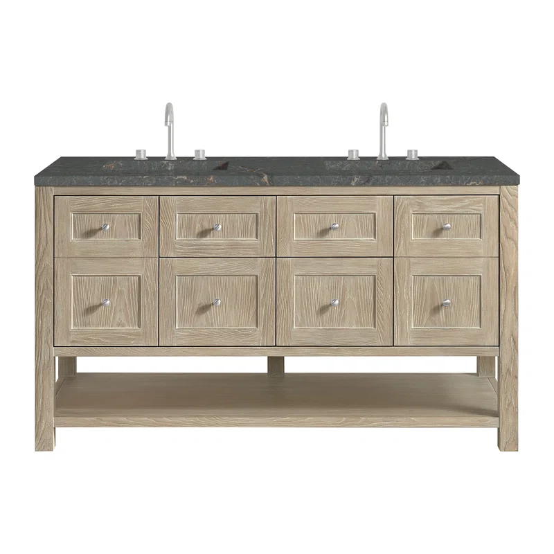Breckenridge 60" Double Vanity, Whitewashed Oak w/ 3 CM Parisien Bleu Top w/FreePower Wireless Charger