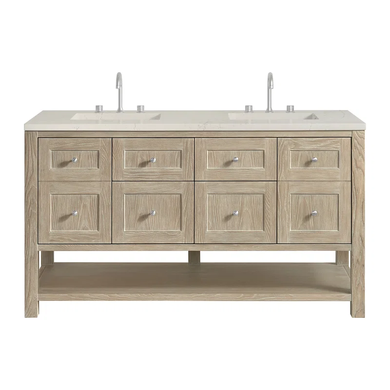 Breckenridge 60" Double Vanity, Whitewashed Oak, w/ 3 CM Tajnar Eclos Top w/FreePower Wireless Charger