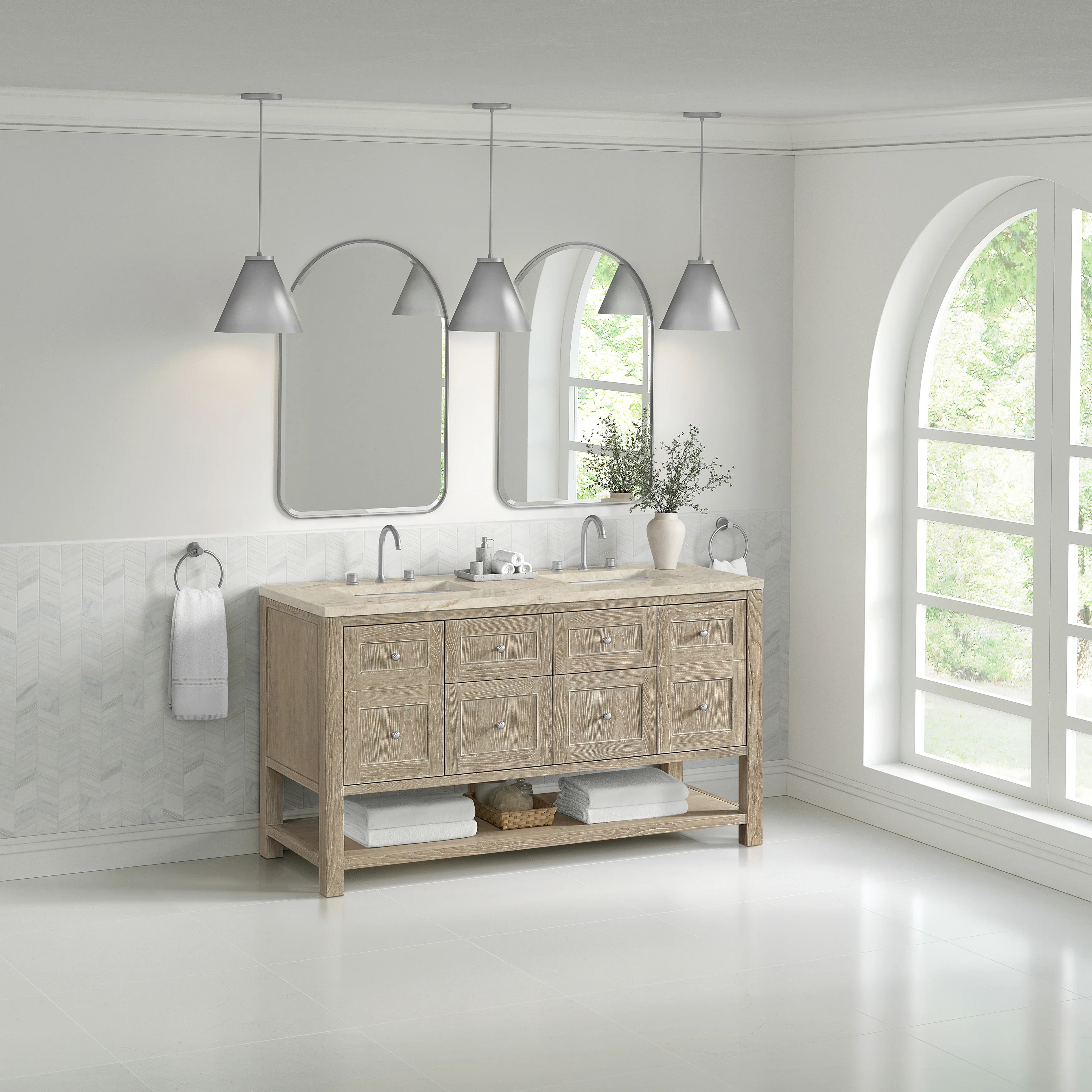 Breckenridge 60" Double Vanity, Whitewashed Oak, w/ 3 CM Tajnar Eclos Top w/FreePower Wireless Charger