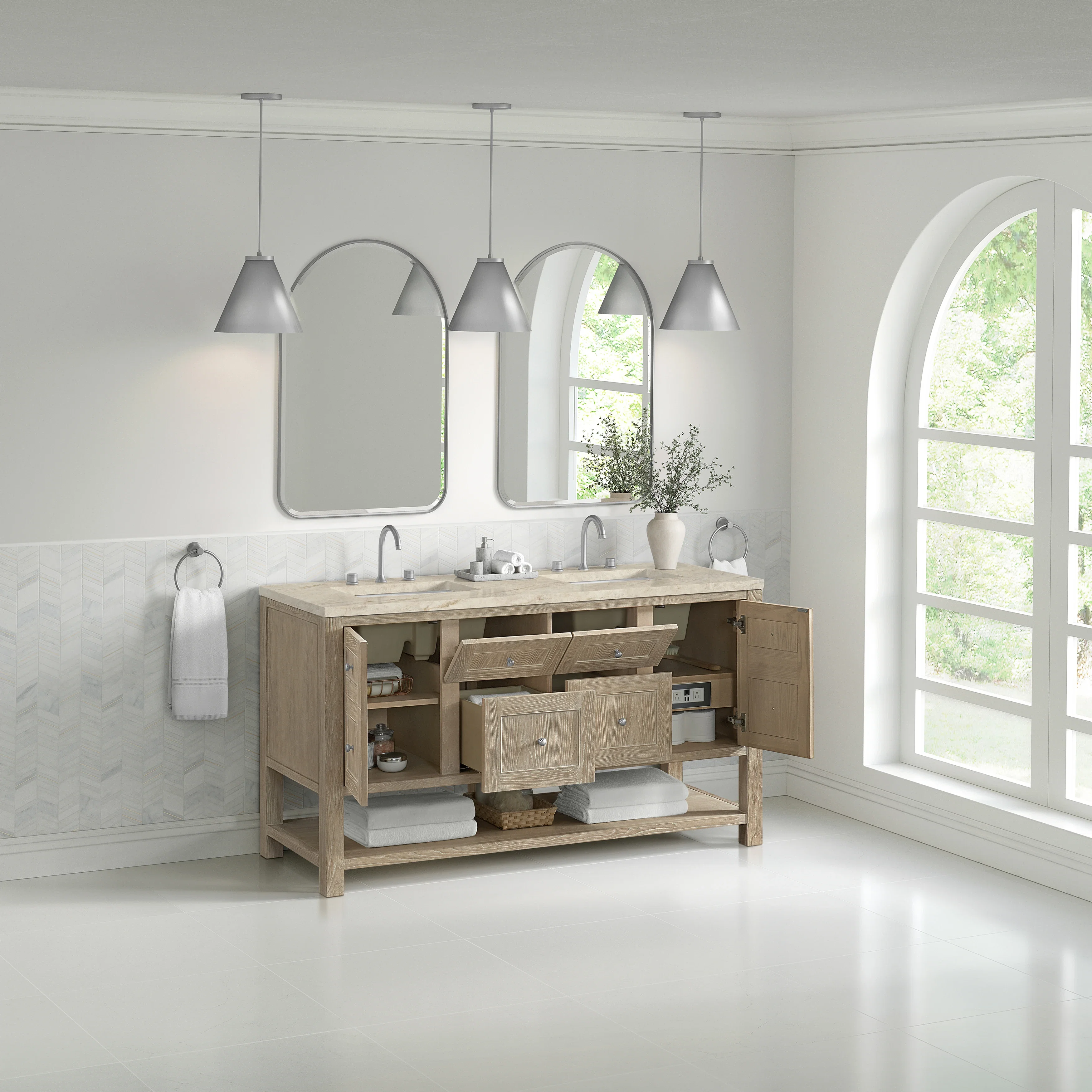 Breckenridge 60" Double Vanity, Whitewashed Oak, w/ 3 CM Tajnar Eclos Top w/FreePower Wireless Charger