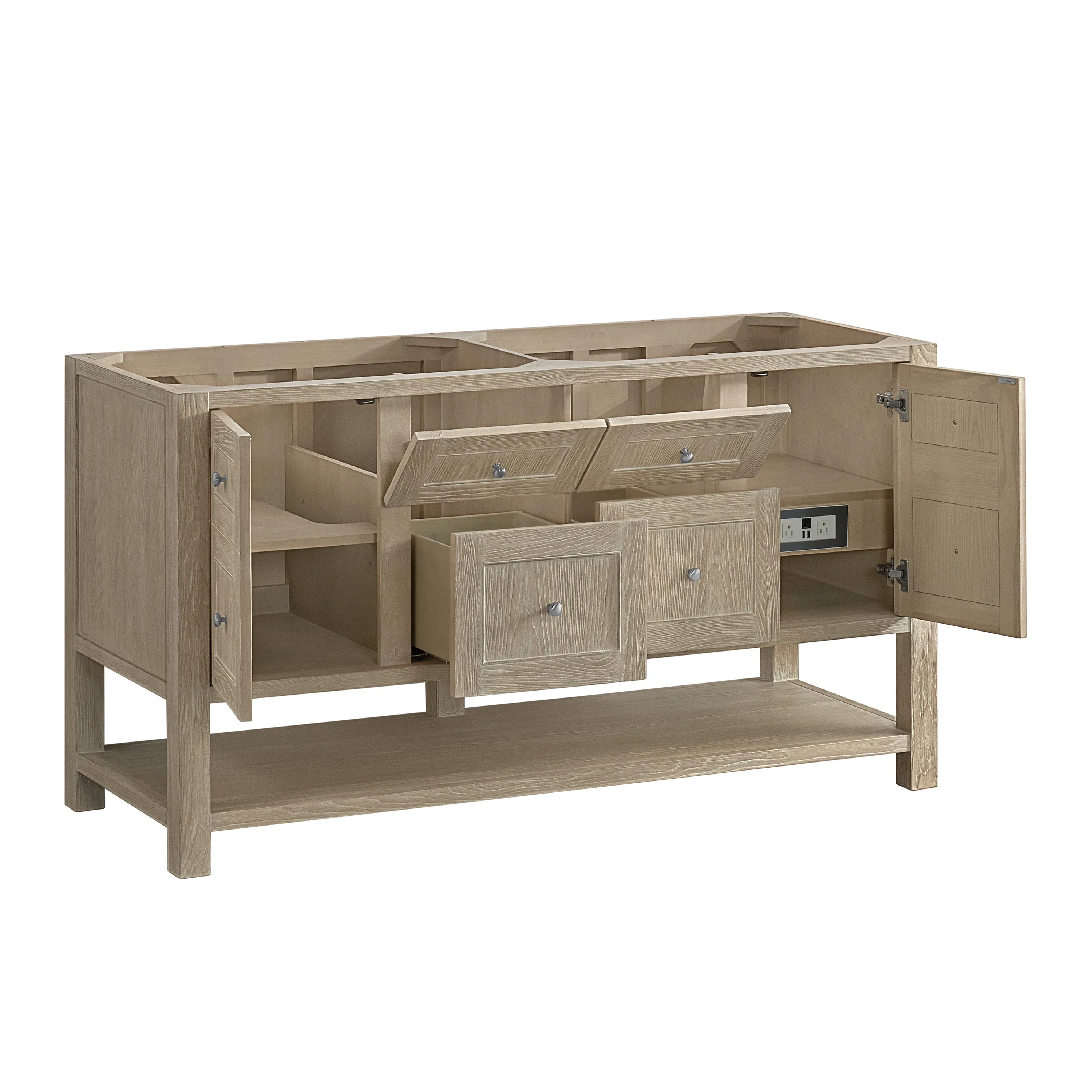 Breckenridge 60" Double Vanity, Whitewashed Oak, w/ 3 CM Victorian Silver Quartz Top w/FreePower Wireless Charger