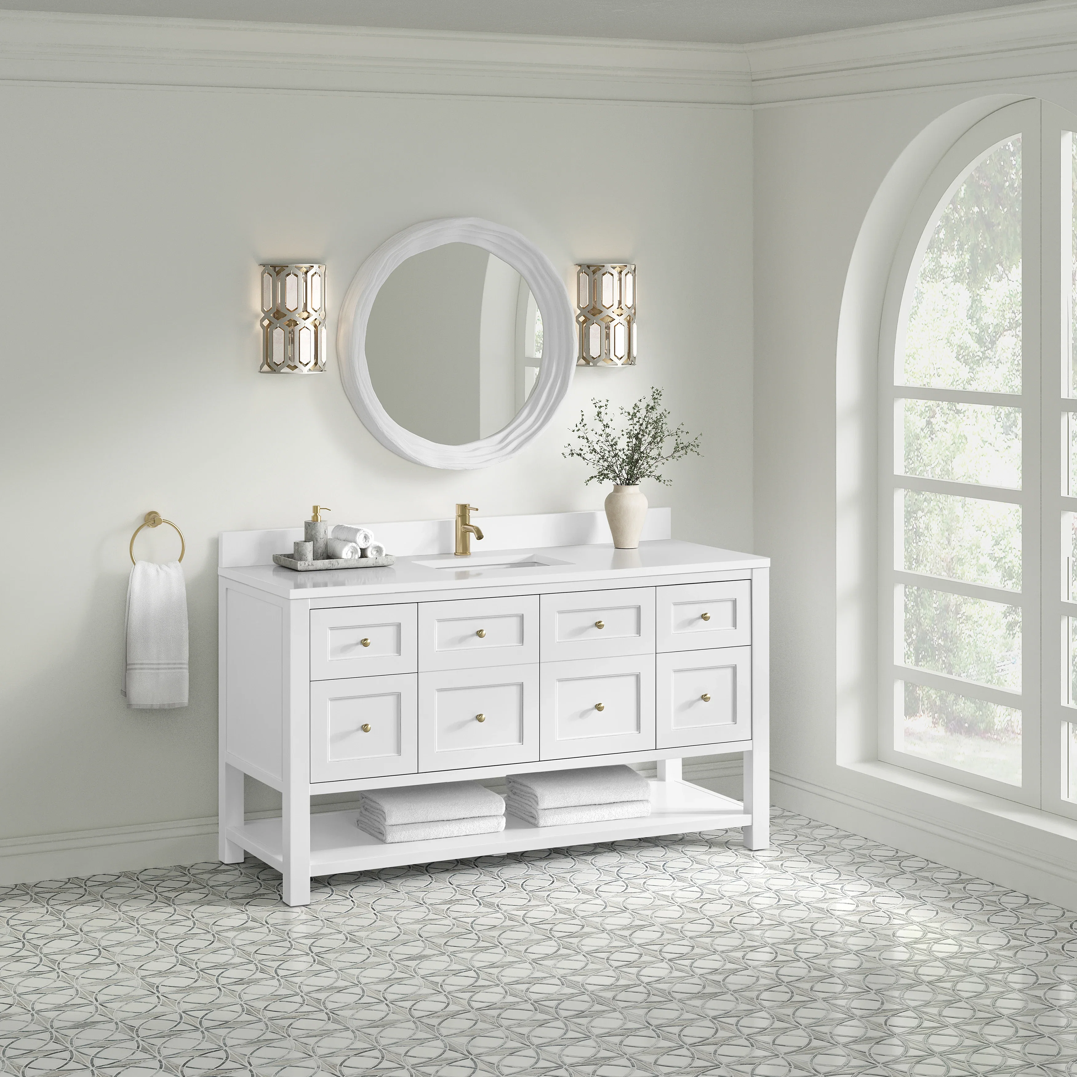 Breckenridge 60" Single Vanity, Bright White, w/ Single Hole 3 CM White Zeus Quartz Top & Backsplash