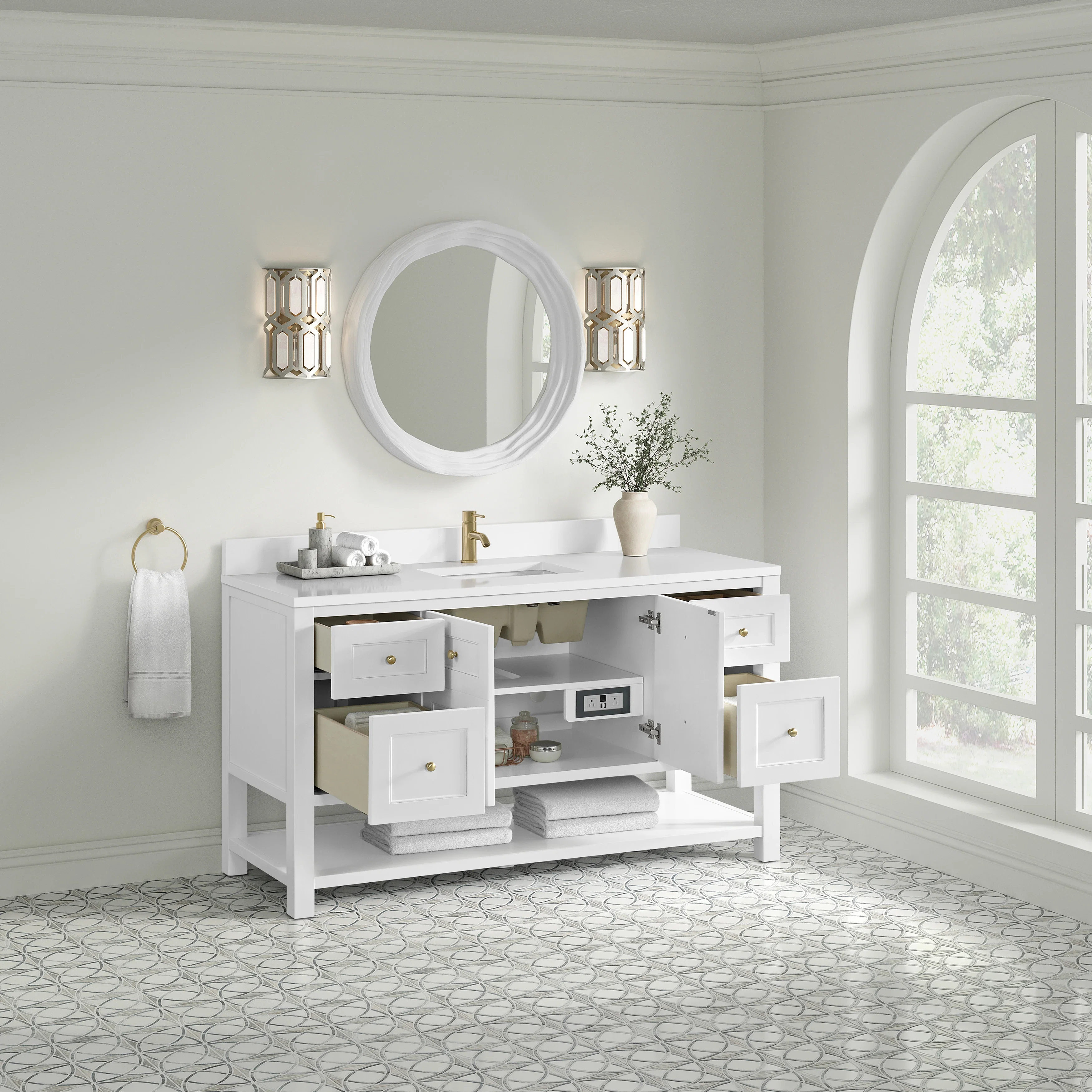 Breckenridge 60" Single Vanity, Bright White, w/ Single Hole 3 CM White Zeus Quartz Top & Backsplash