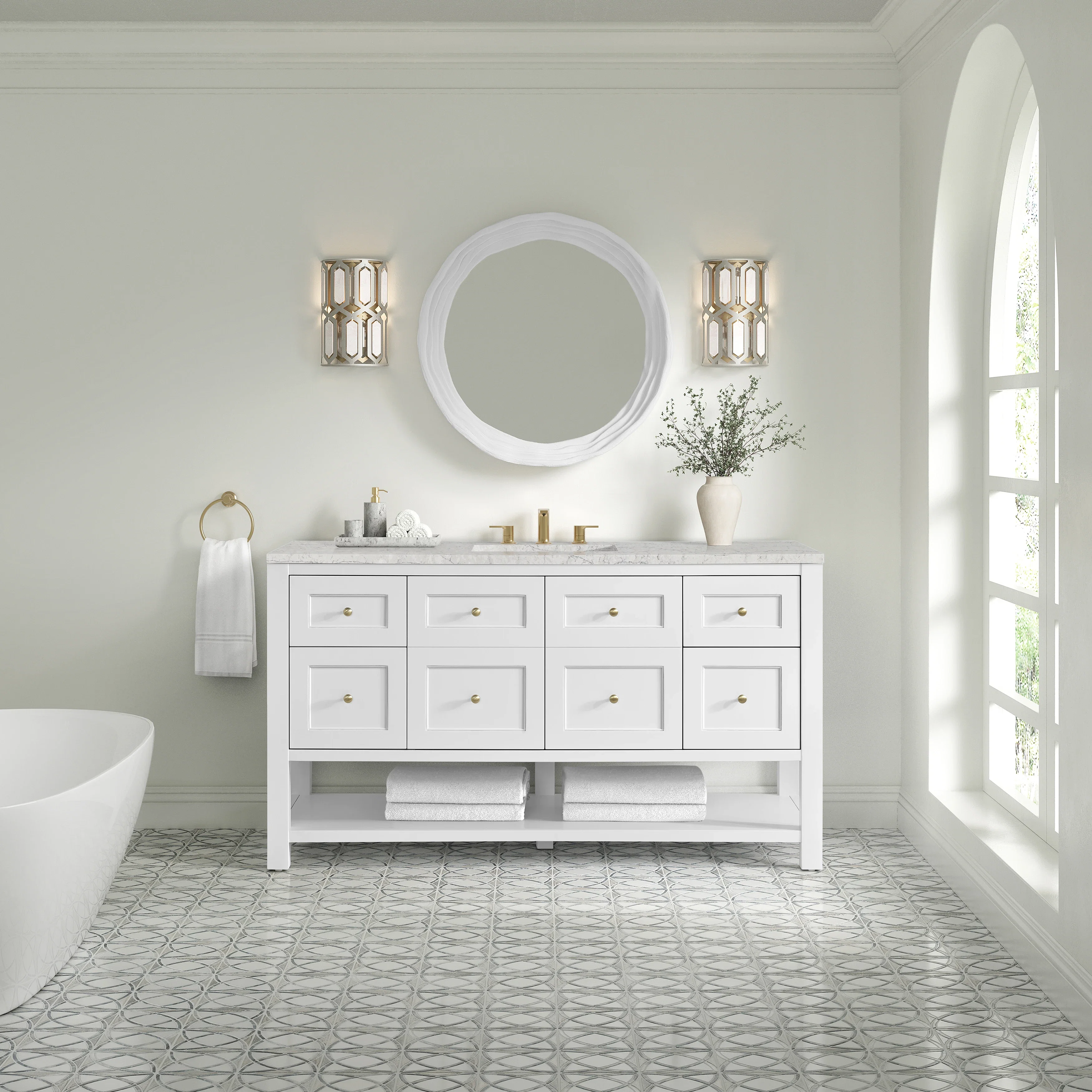 Breckenridge 60" Single Vanity, Bright White, w/ 3 CM Eternal Jasmine Pearl Quartz Top