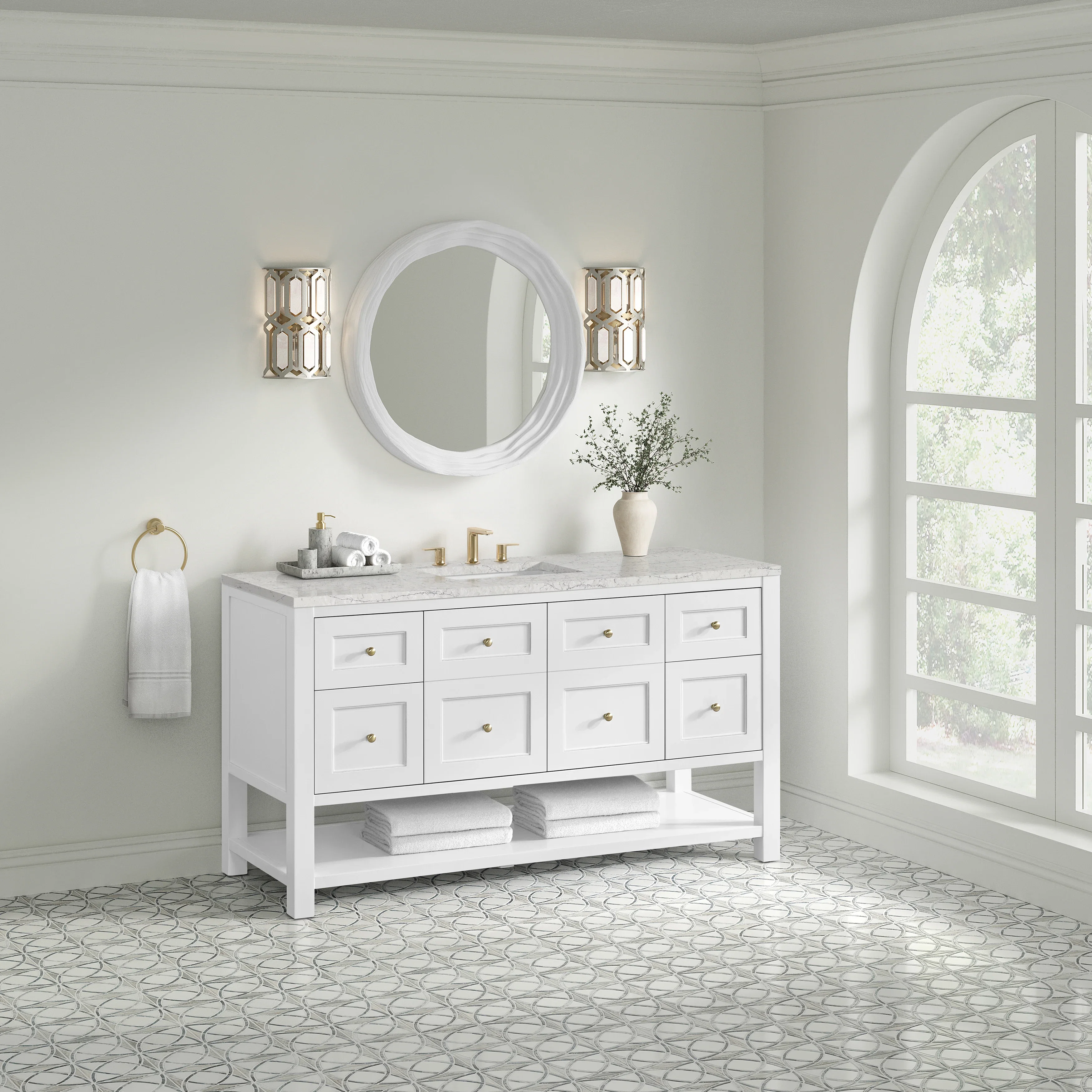 Breckenridge 60" Single Vanity, Bright White, w/ 3 CM Eternal Jasmine Pearl Quartz Top