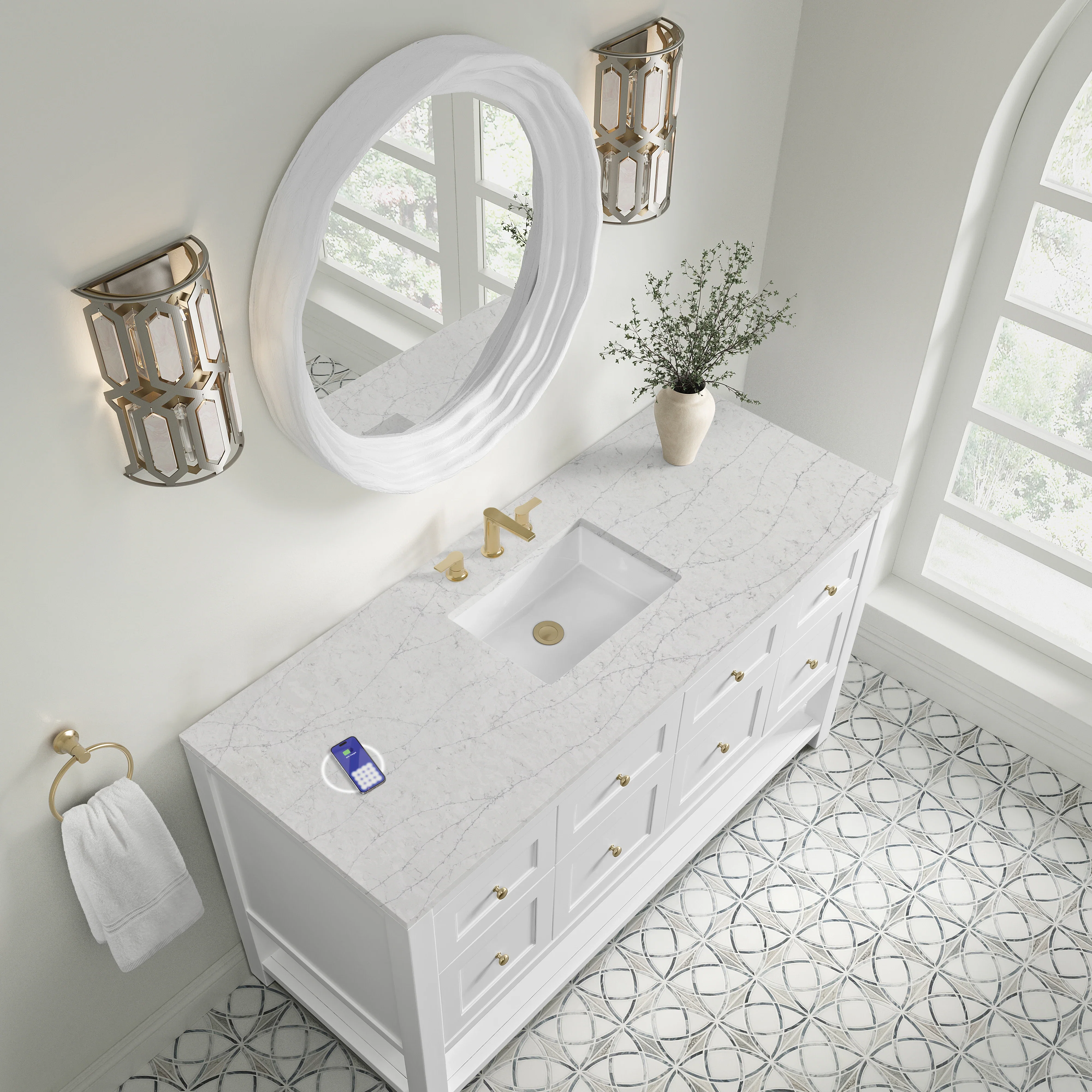 Breckenridge 60" Single Vanity, Bright White, w/ 3 CM Eternal Jasmine Pearl Silestone Top w/ FreePower Wireless Charger
