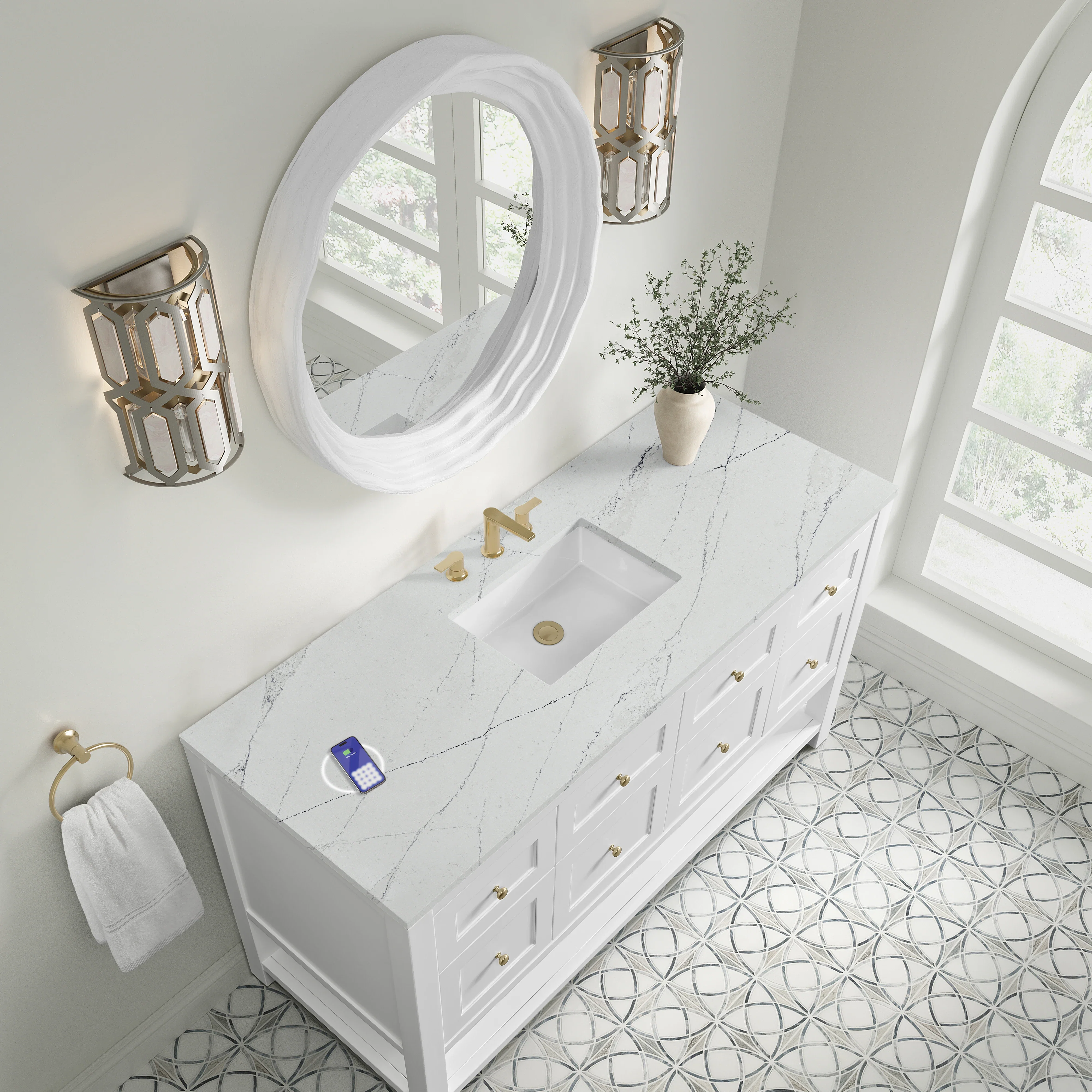 Breckenridge 60" Single Vanity, Bright White, w/ 3 CM Ethereal Noctis Silestone Top w/ FreePower Wireless Charger