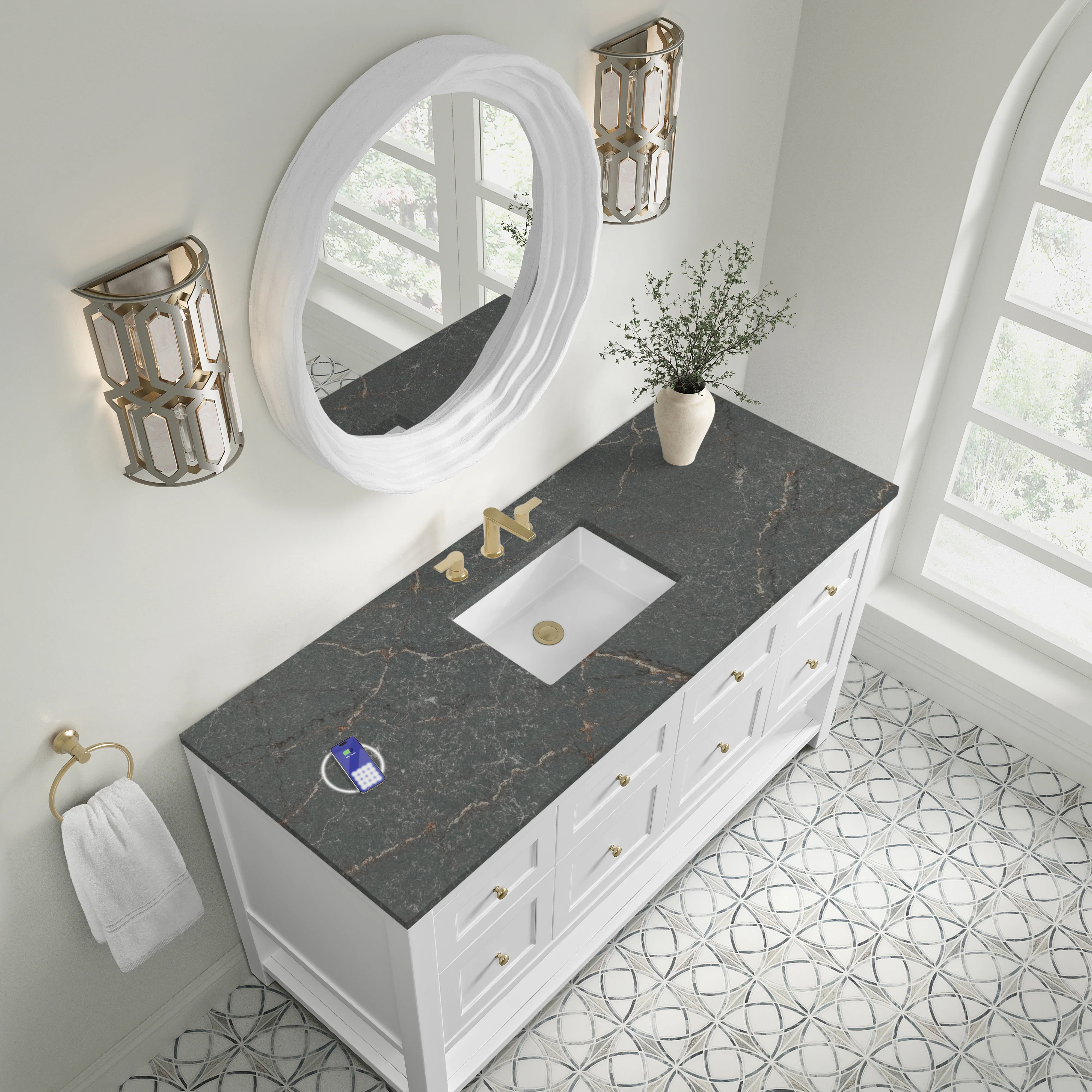 Breckenridge 60" Single Vanity Cabinet, Bright White w/ 3 CM Parisien Bleu Top w/ FreePower Wireless Charger